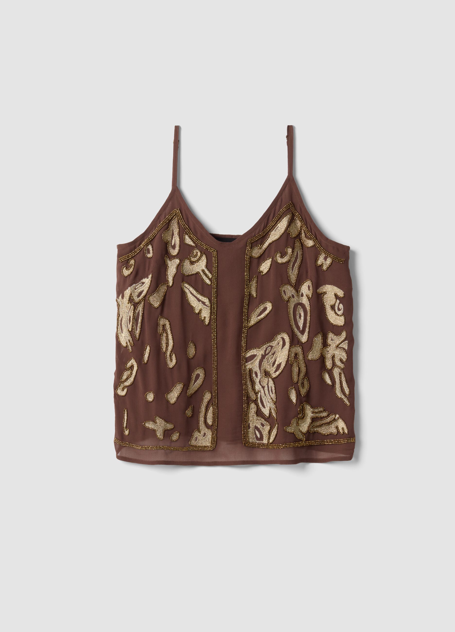 Brown fitted pure viscose top with thin straps and embroidered pattern