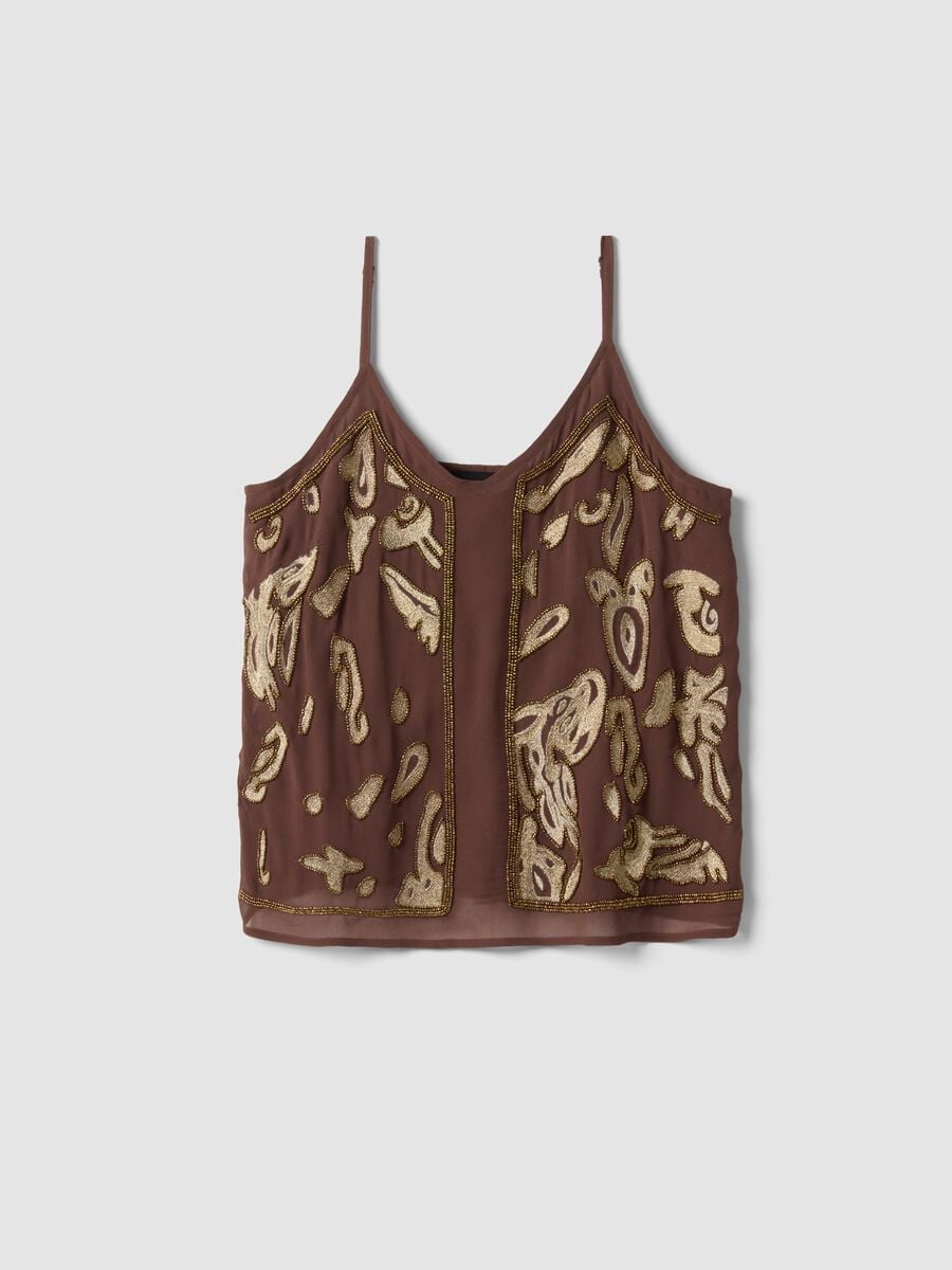 Top fitted marrone in pura viscosa con bretelle sottili e fantasia ricamata_4