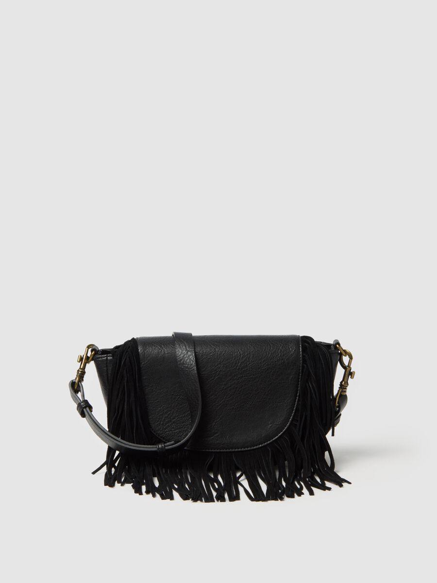 Borsa nera in similpelle con frange in vera pelle_0