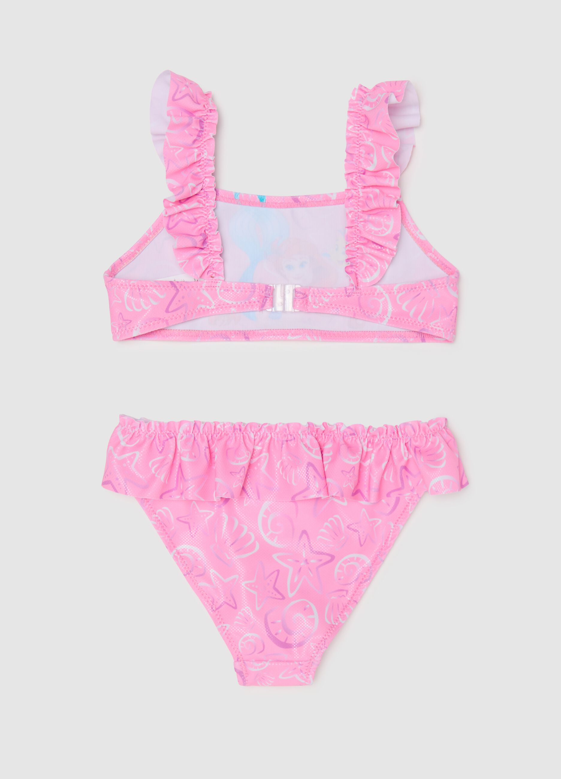 Girls’ bikini in pink stretch fabric with ruffles and Disney print