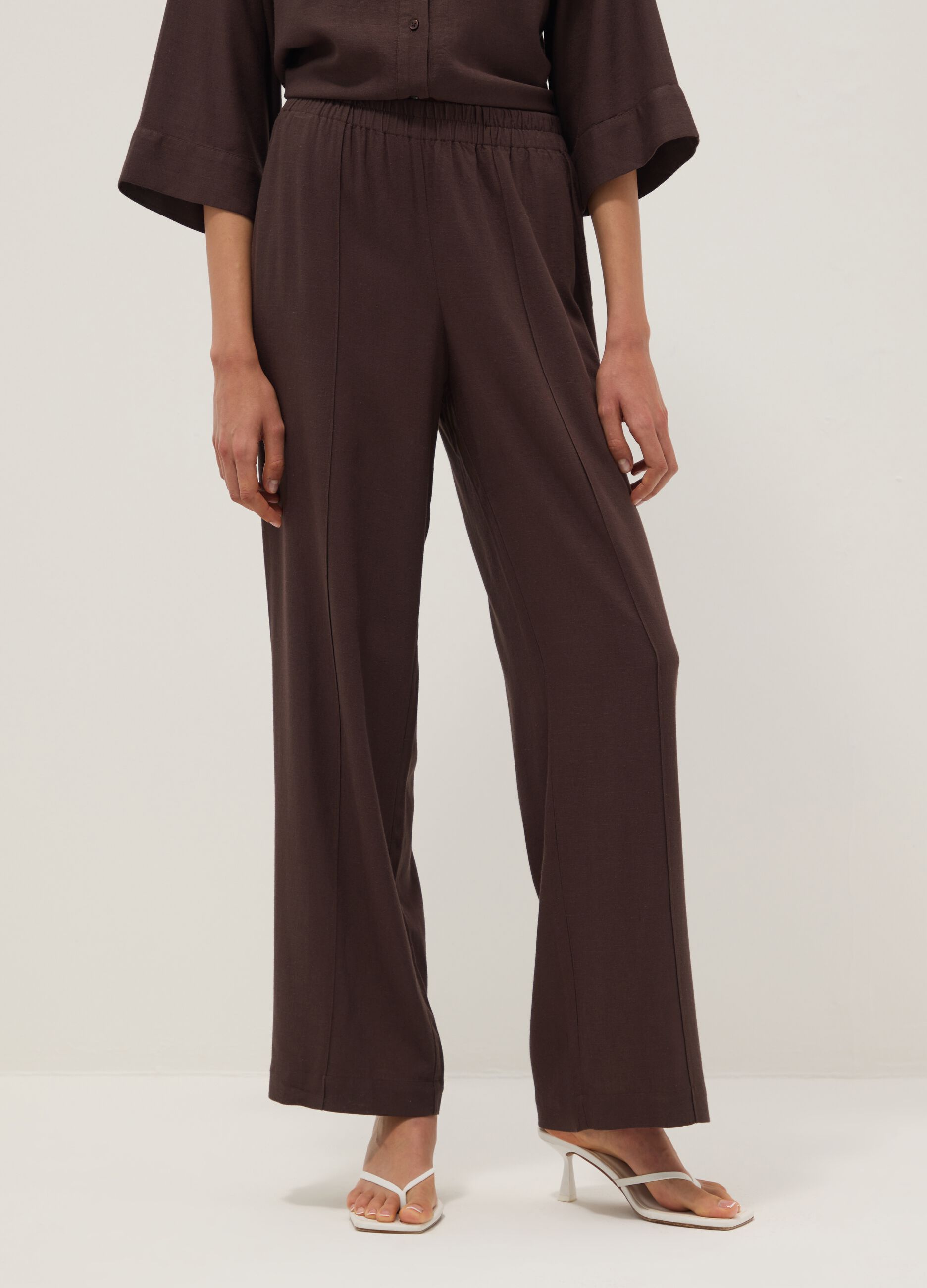 Brown viscose and linen-blend straight-fit trousers