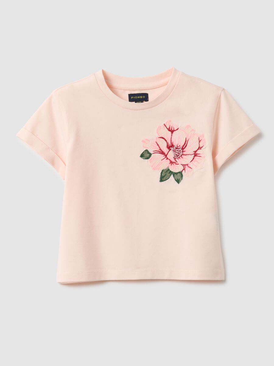 Girls' pink cotton blend T-shirt regular fit with floral embroidery_3