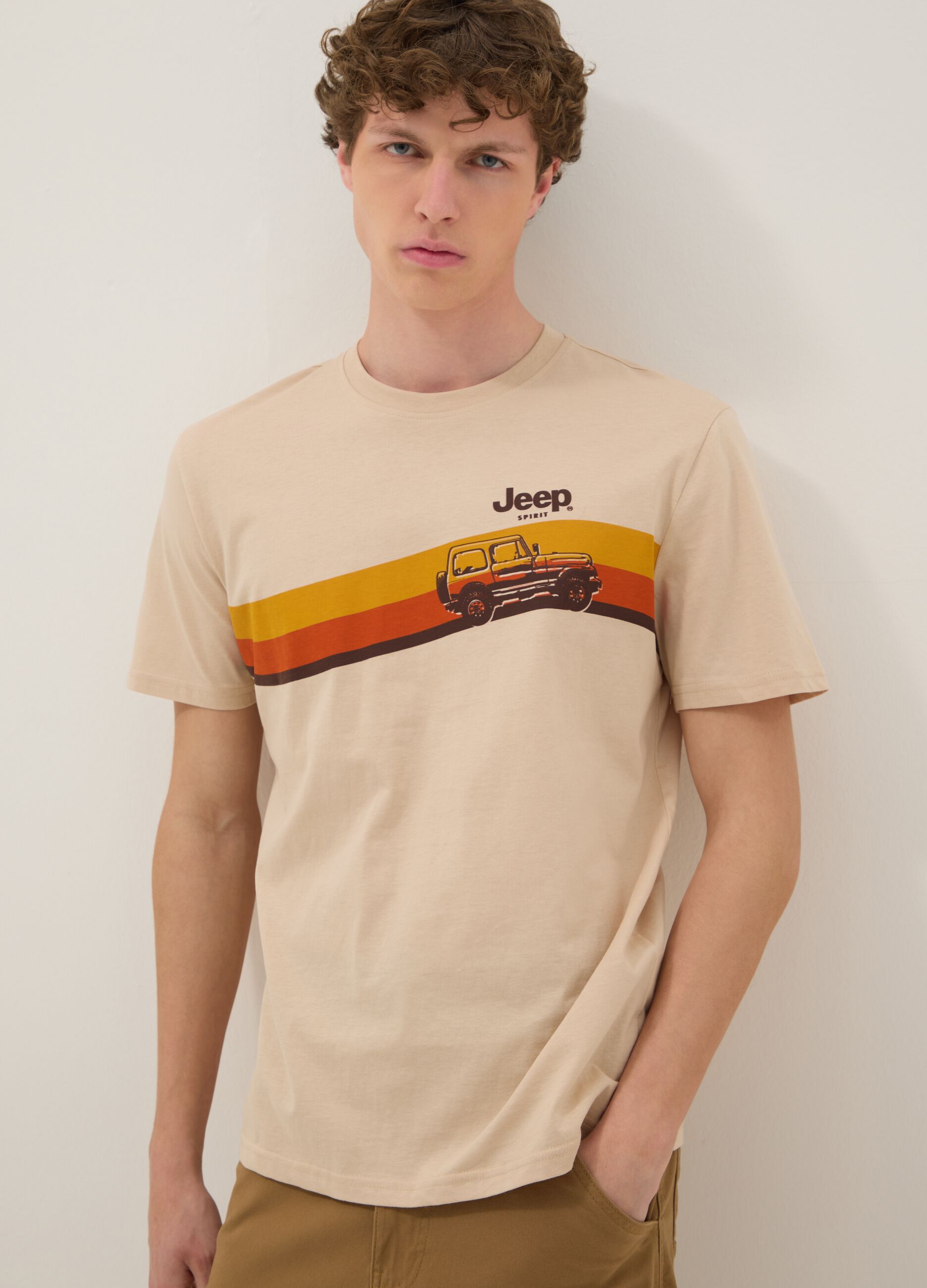 Beige pure cotton regular fit T-shirt with print