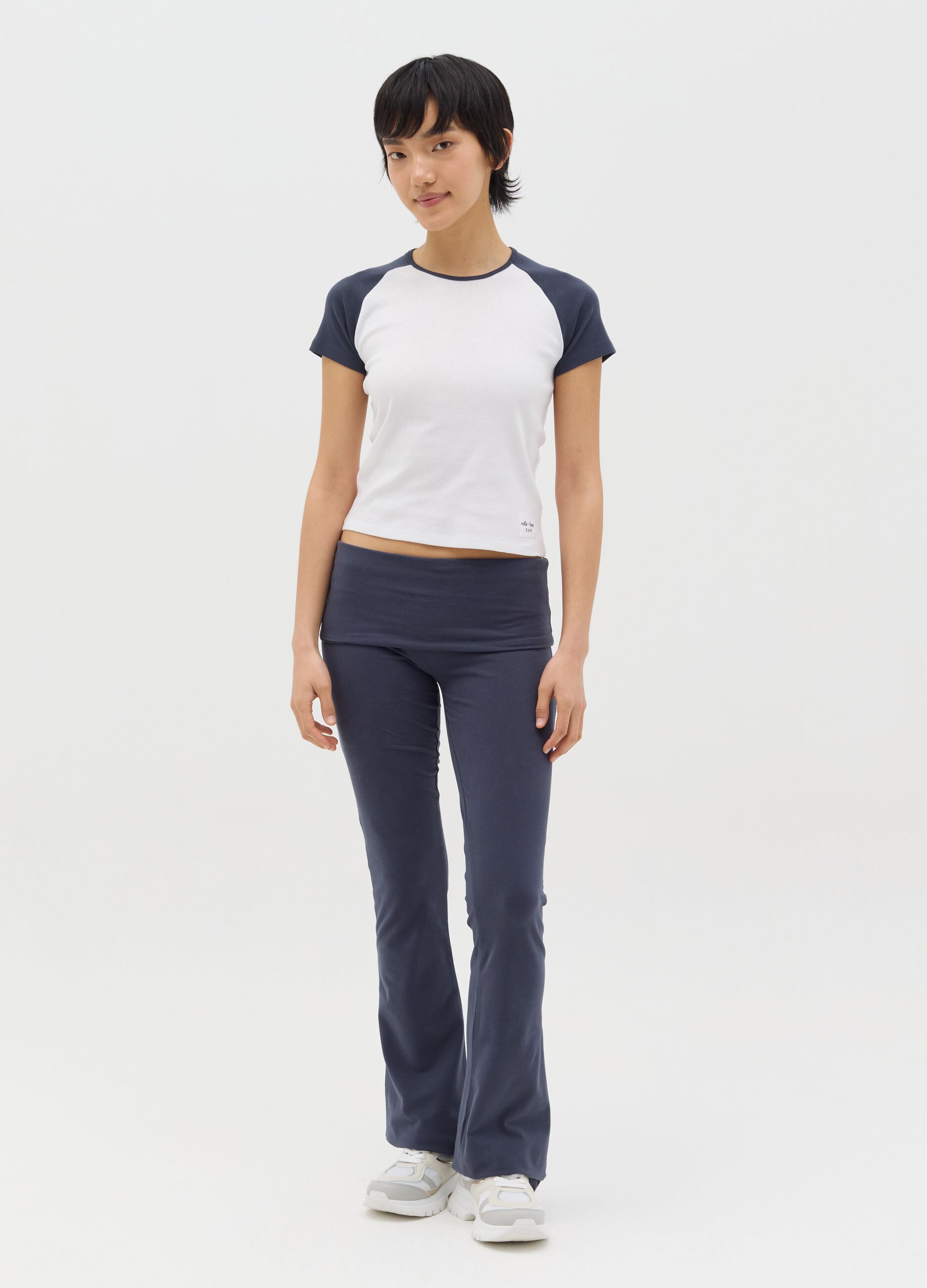 White T-shirt with blue raglan sleeves