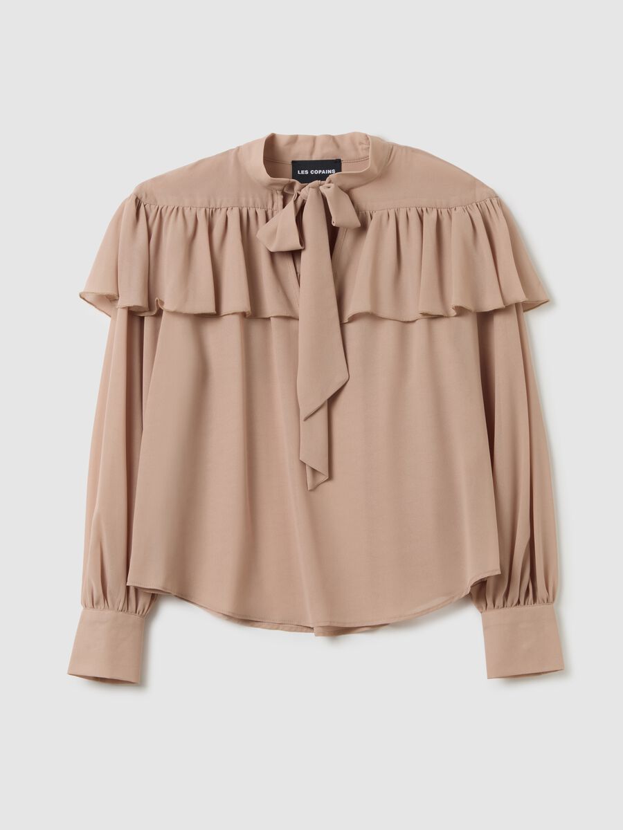Beige Crepe Regular Fit Blouse with Ruffles_0