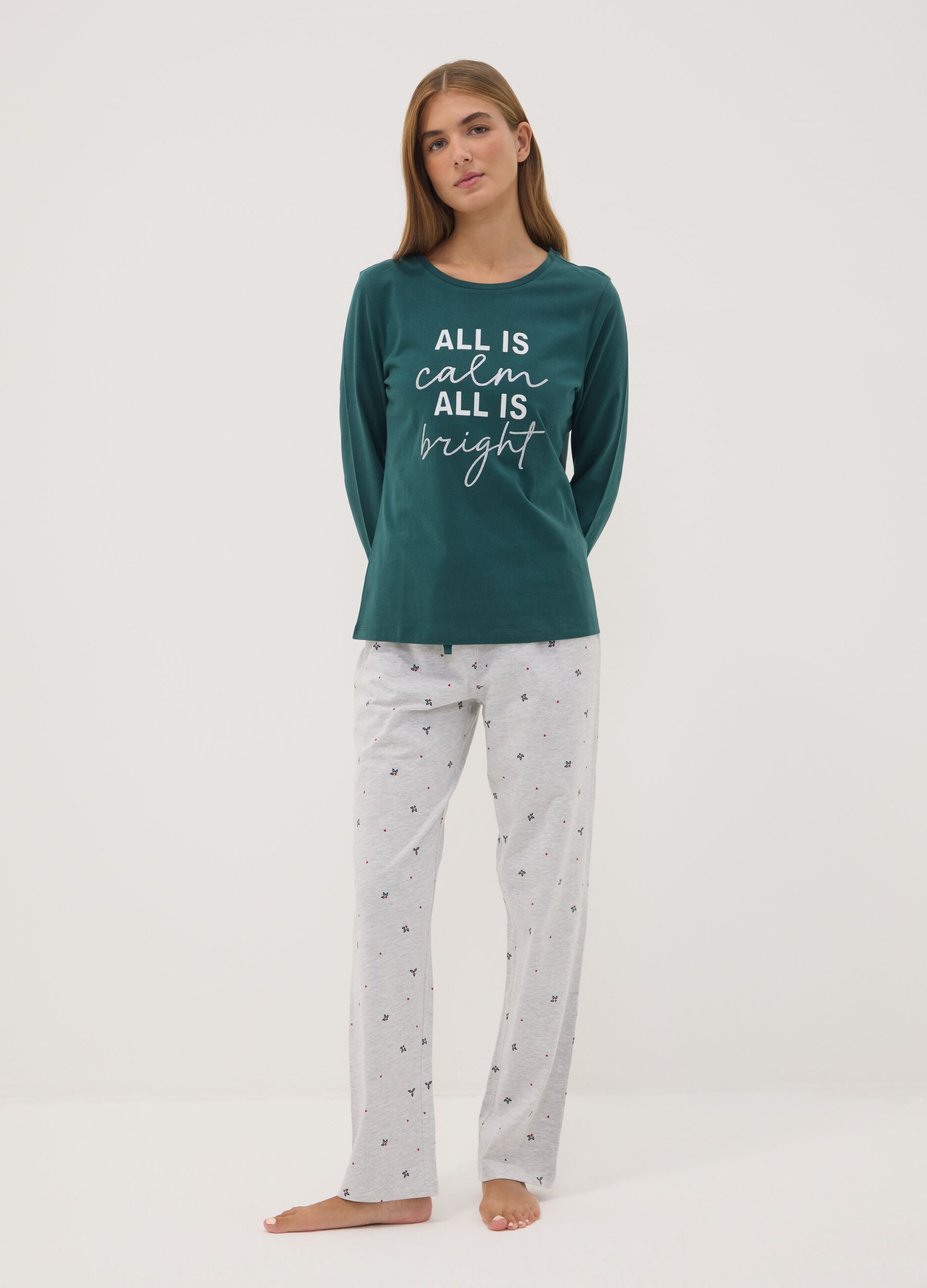 Green crew-neck pyjamas in pure organic cotton