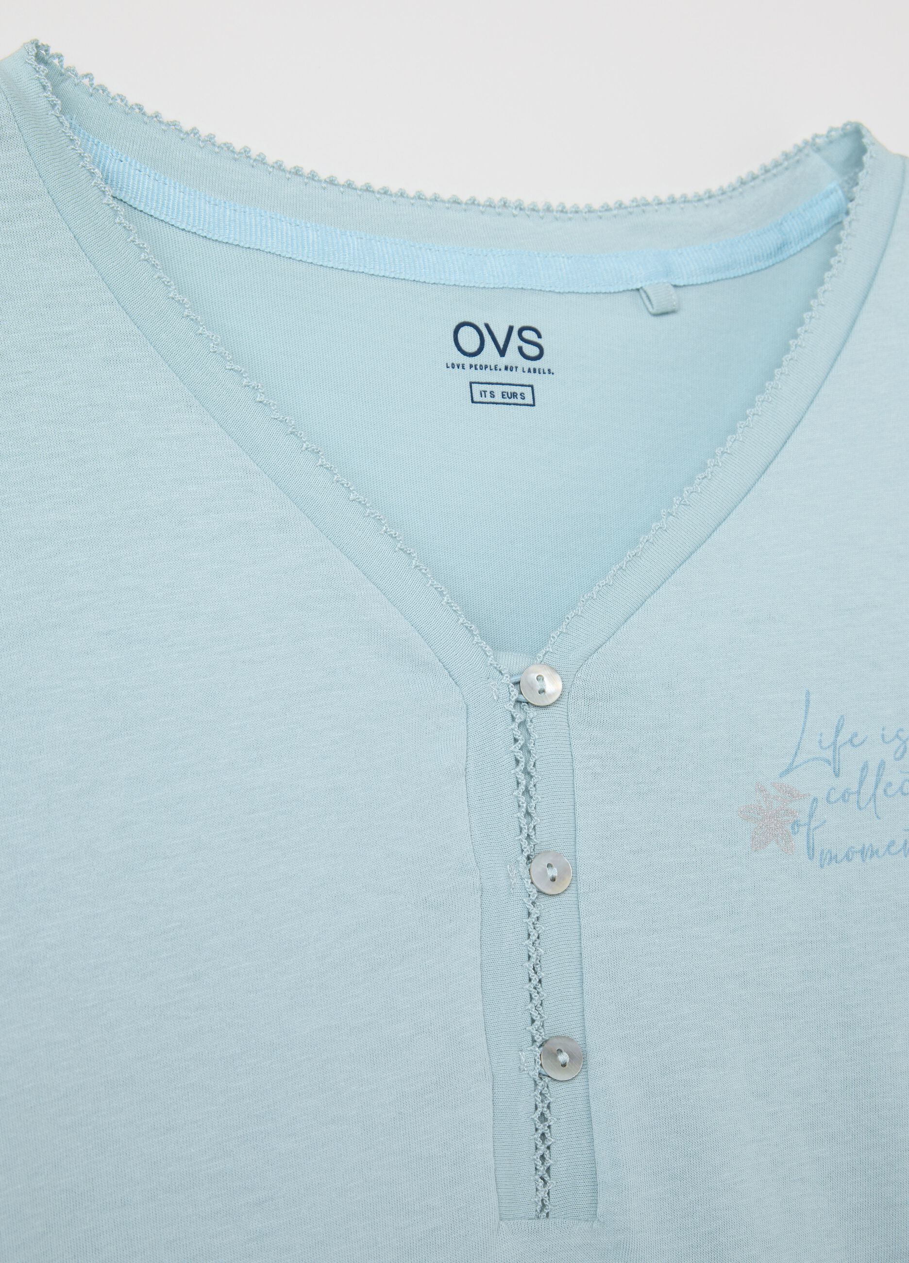 Light blue cotton pyjamas with granddad neckline and print