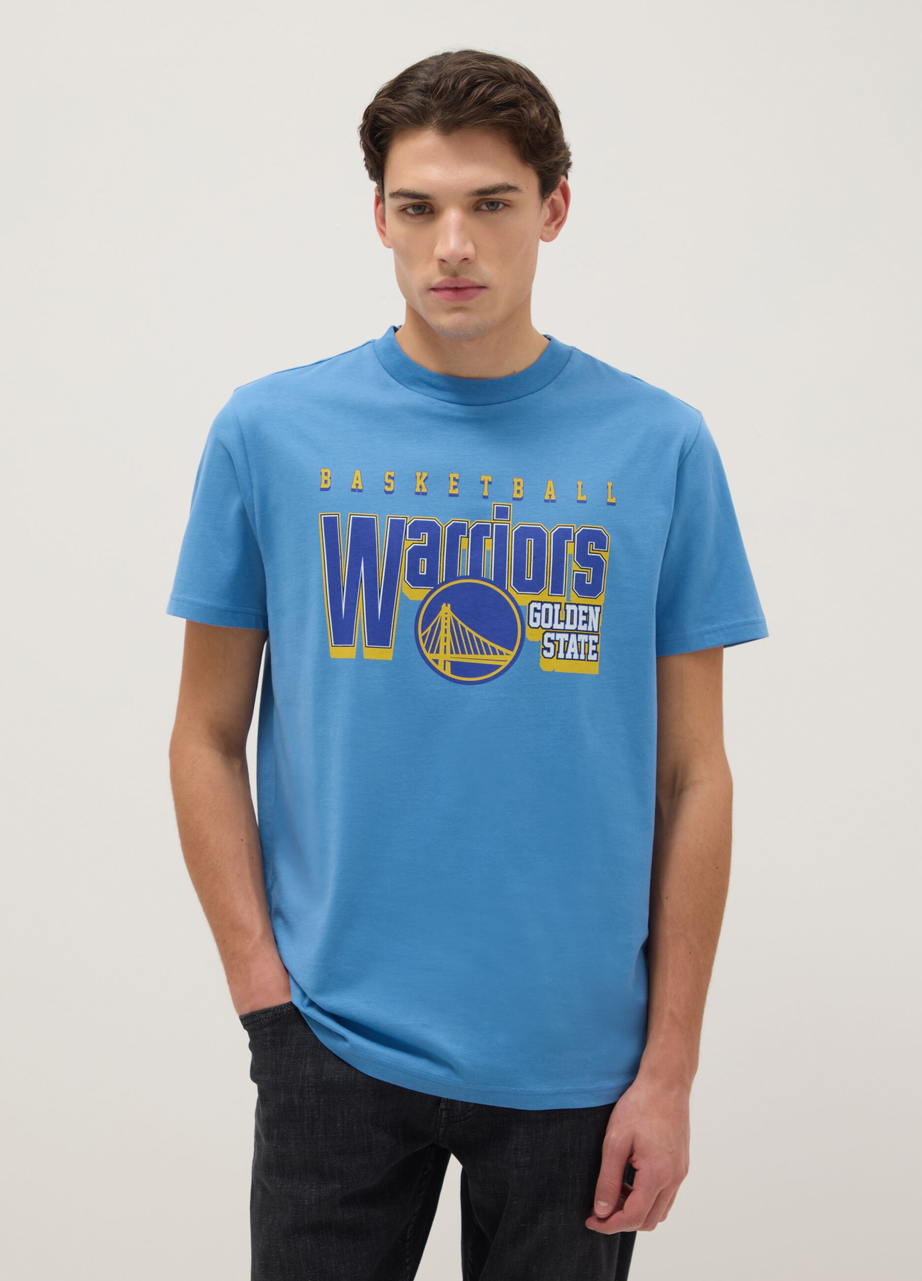 Sky Blue Pure Cotton Regular Fit T-shirt with Golden State Warriors Logo