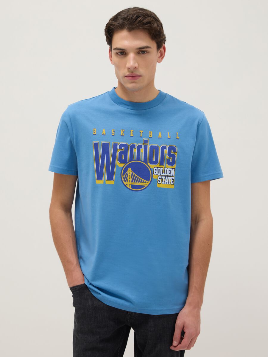 Sky Blue Pure Cotton Regular Fit T-shirt with Golden State Warriors Logo_0