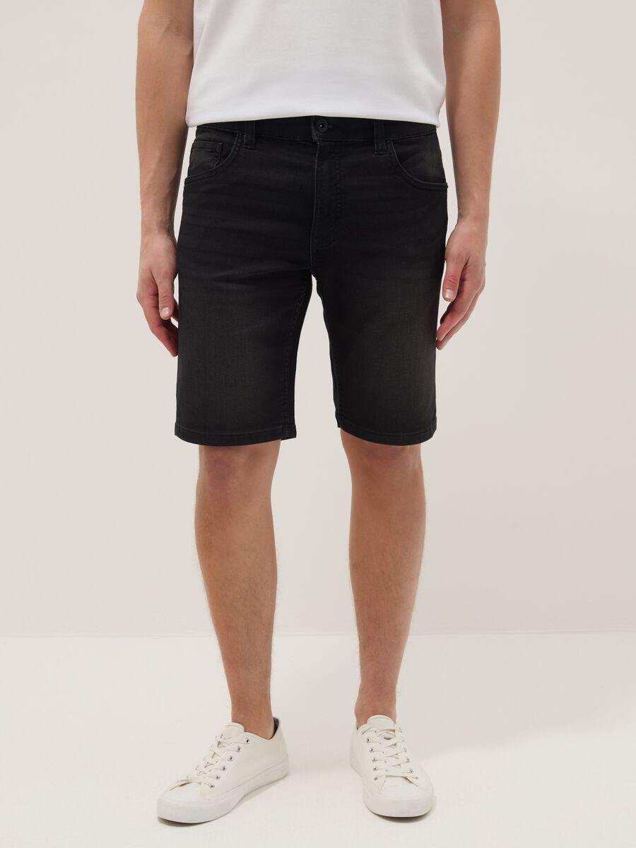Slim fit black stretch denim cotton blend shorts_1