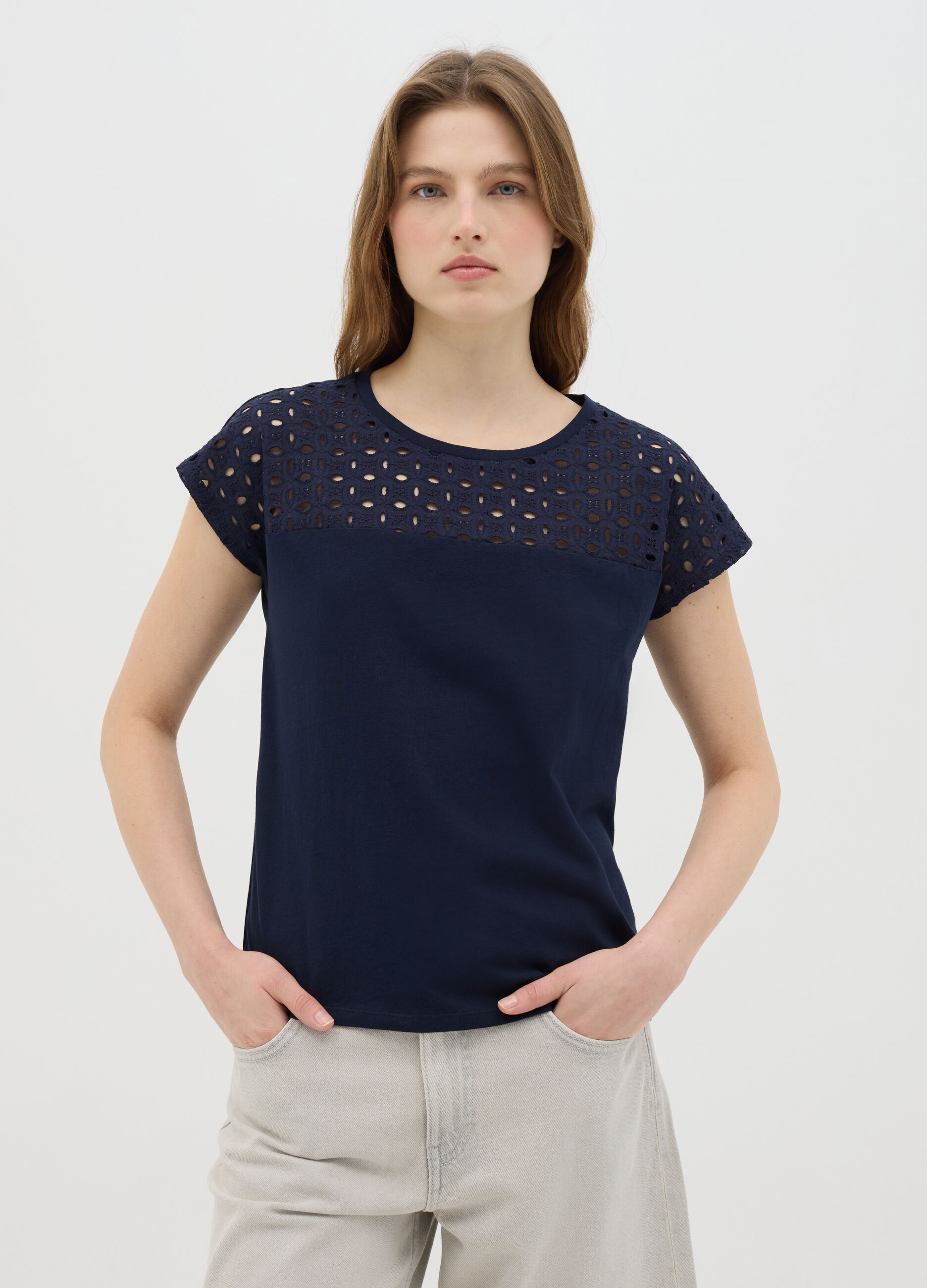 Blue short sleeve T-shirt with perforated details