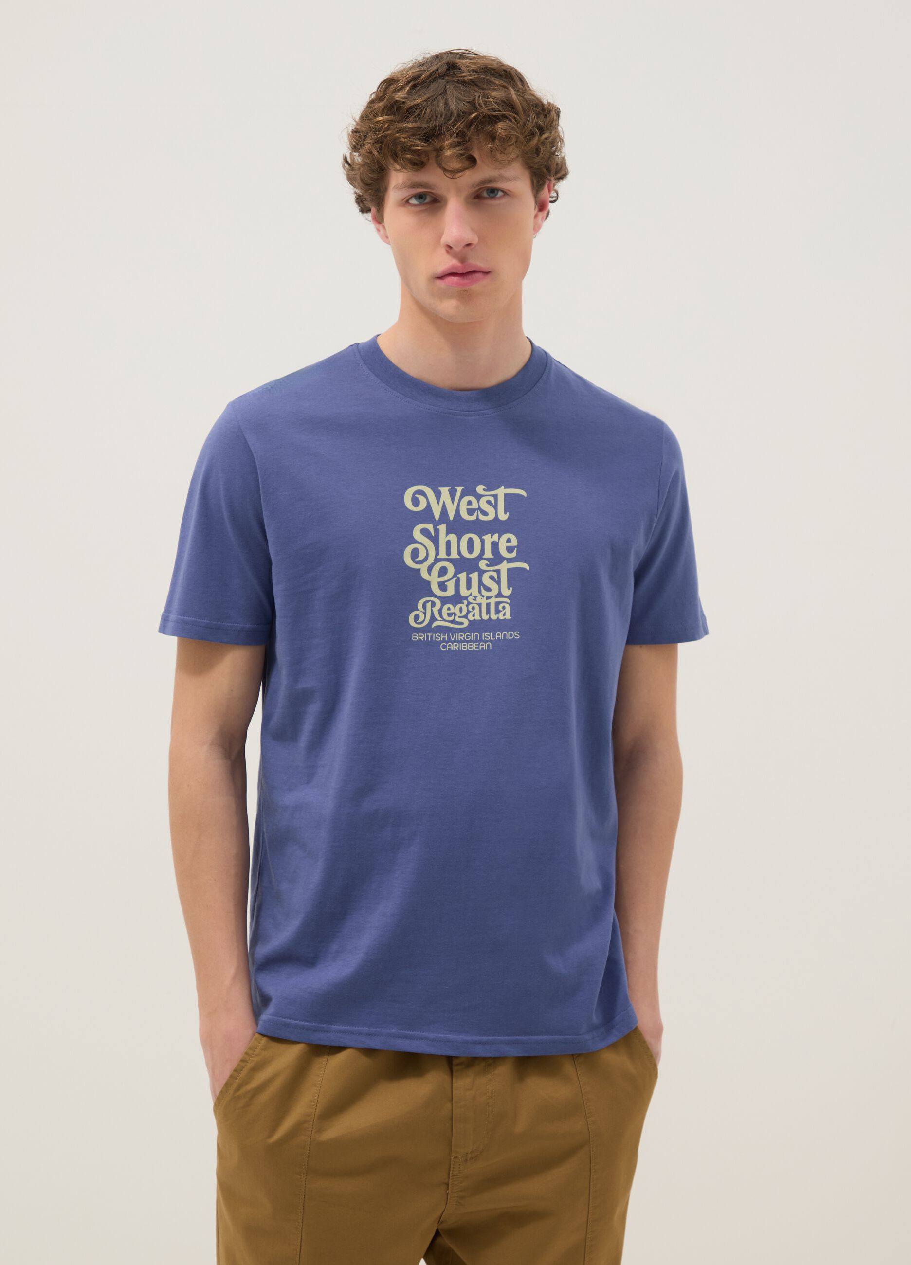 Blue short-sleeve pure cotton T-shirt with print