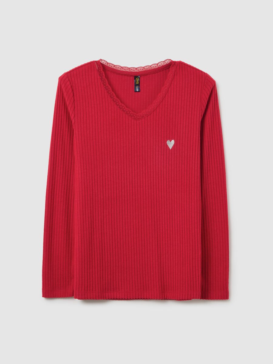 Red V-neck stripe-pattern pyjama top_4