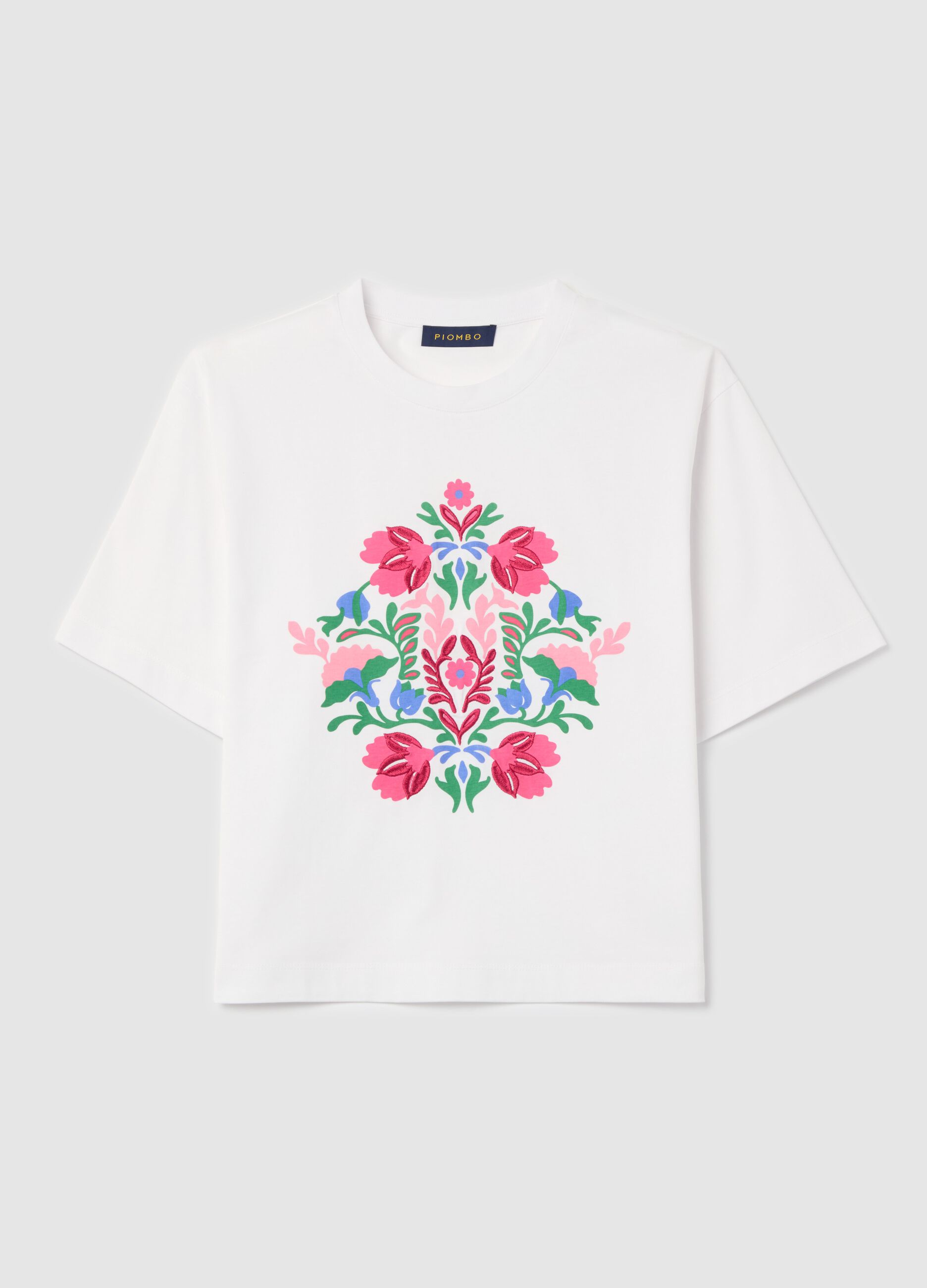 White boxy-fit T-shirt with floral embroidery