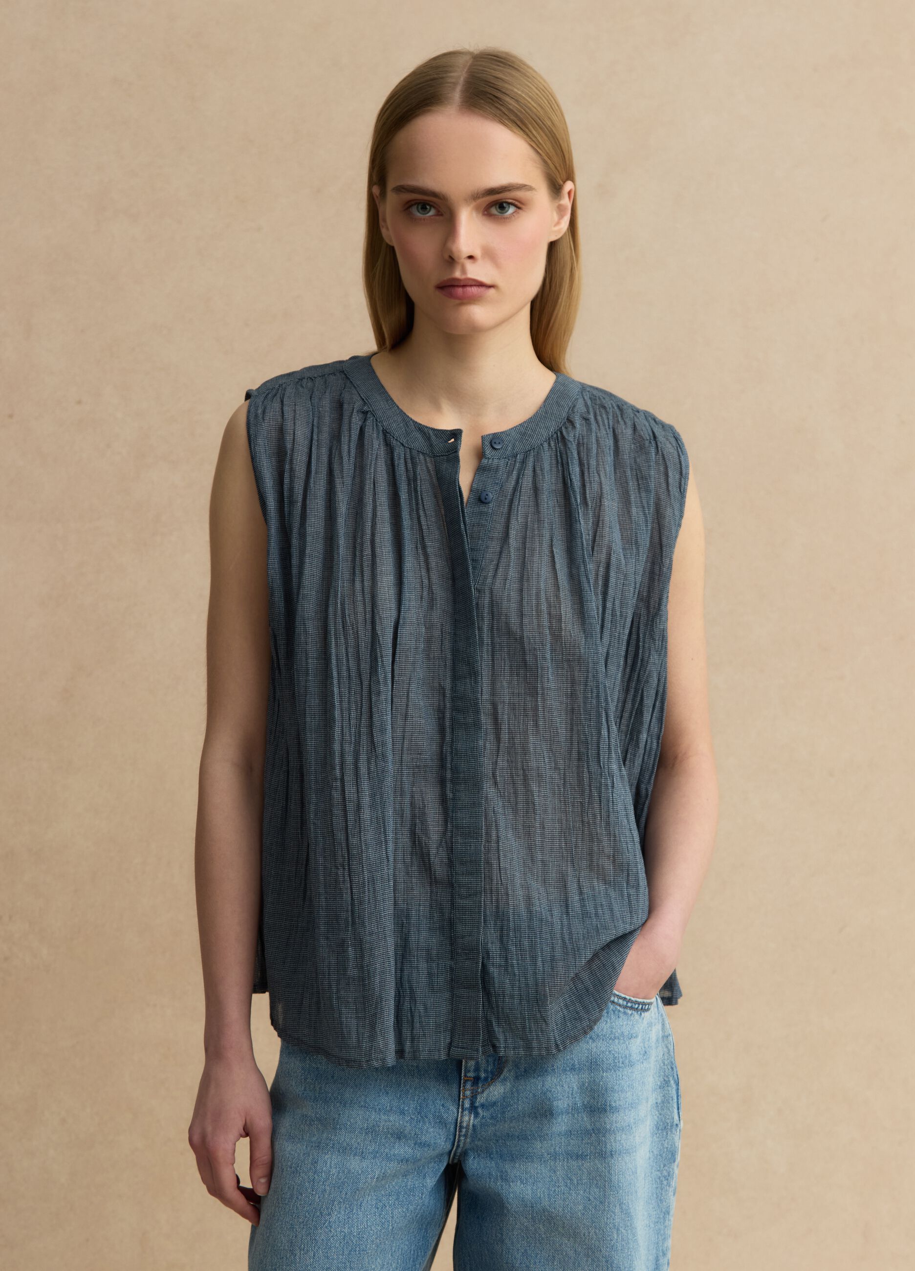 Blue sleeveless pure cotton blouse regular fit