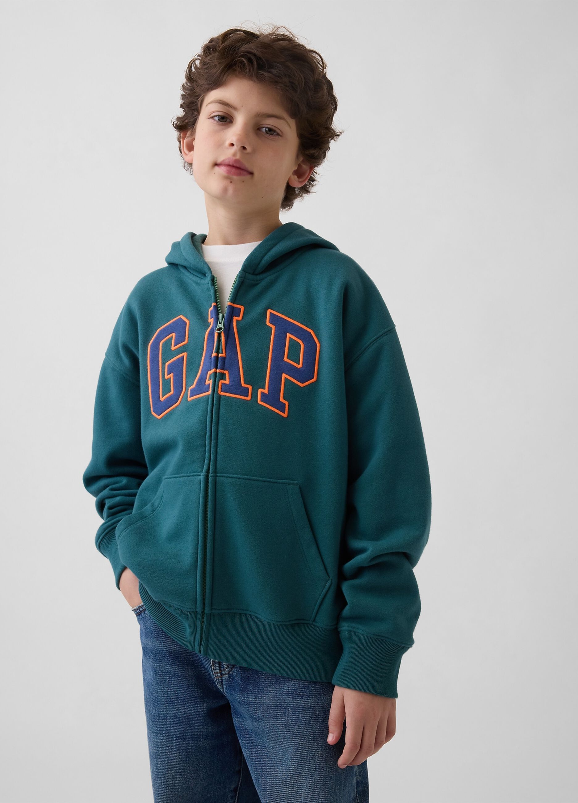 Green cotton-blend kids' hoodie with logo, zip and hood