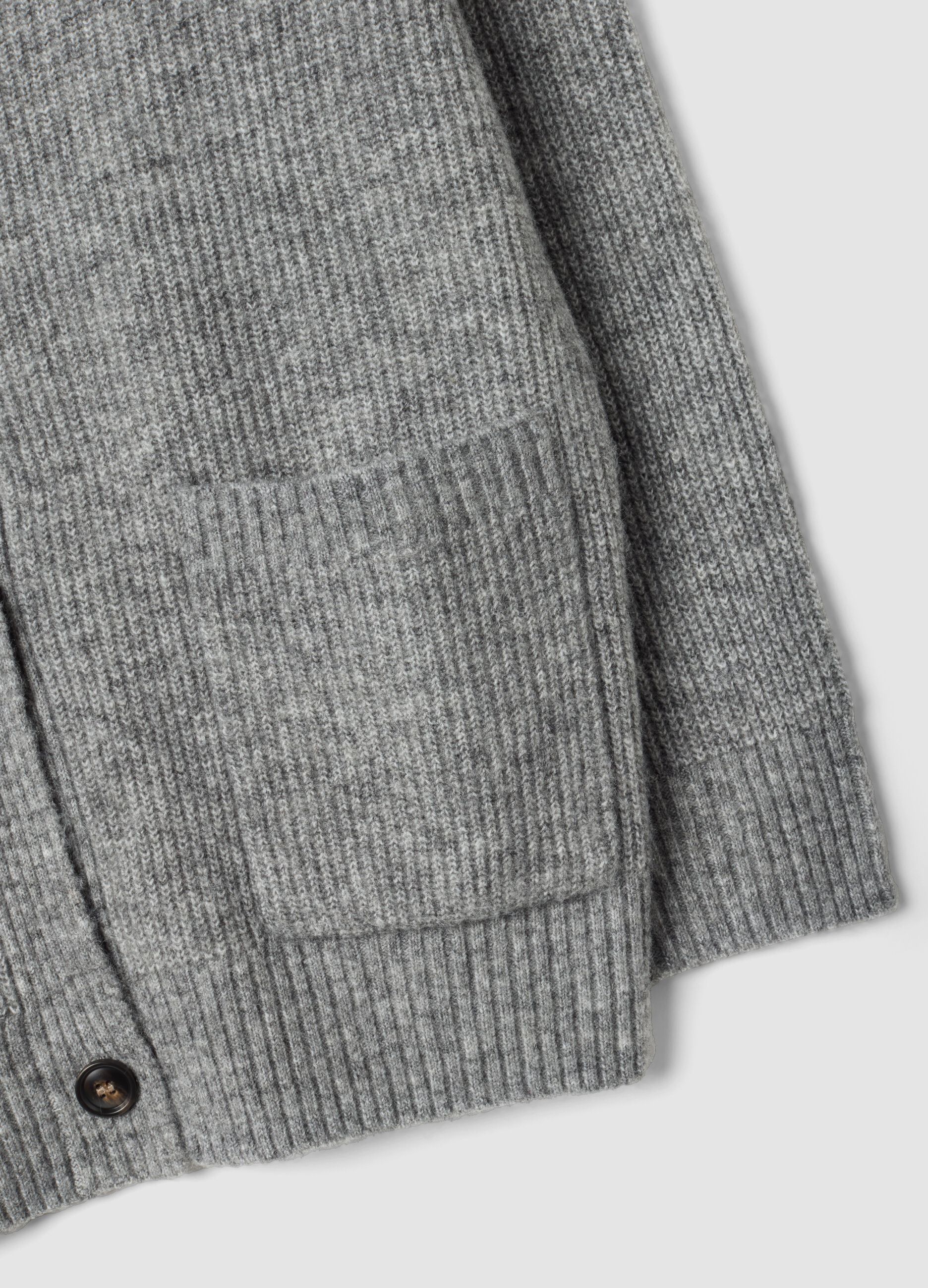 Grey stretch-fabric cardigan with deep V-neck