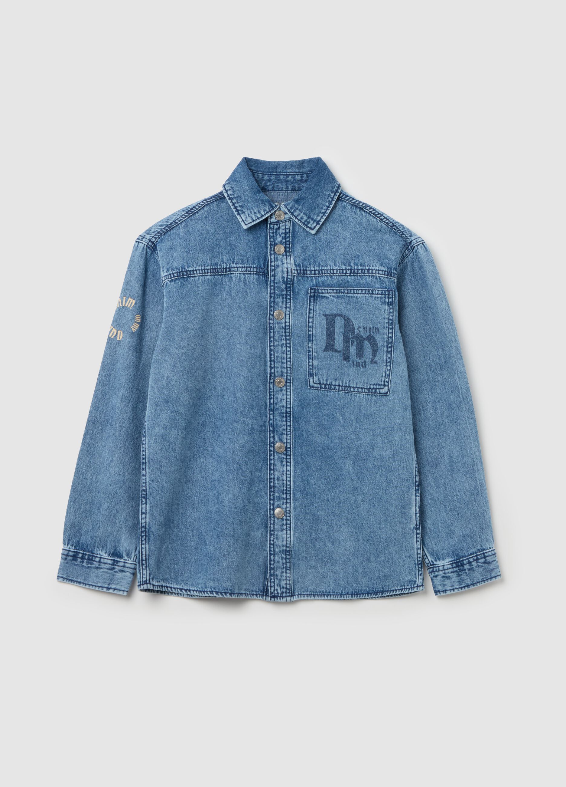 Shacket in denim acid wash con stampa 