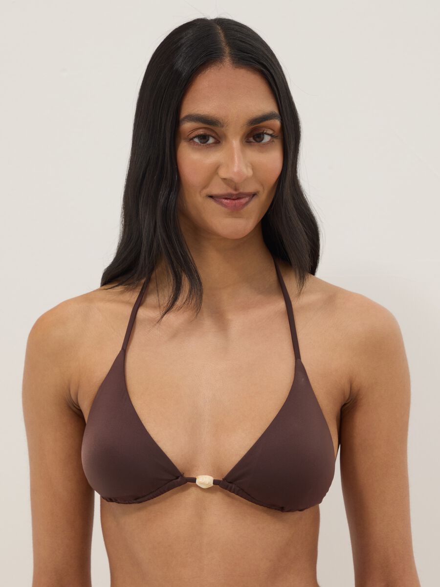 Bikini a triangolo in tessuto elasticizzato marrone con pietre_0