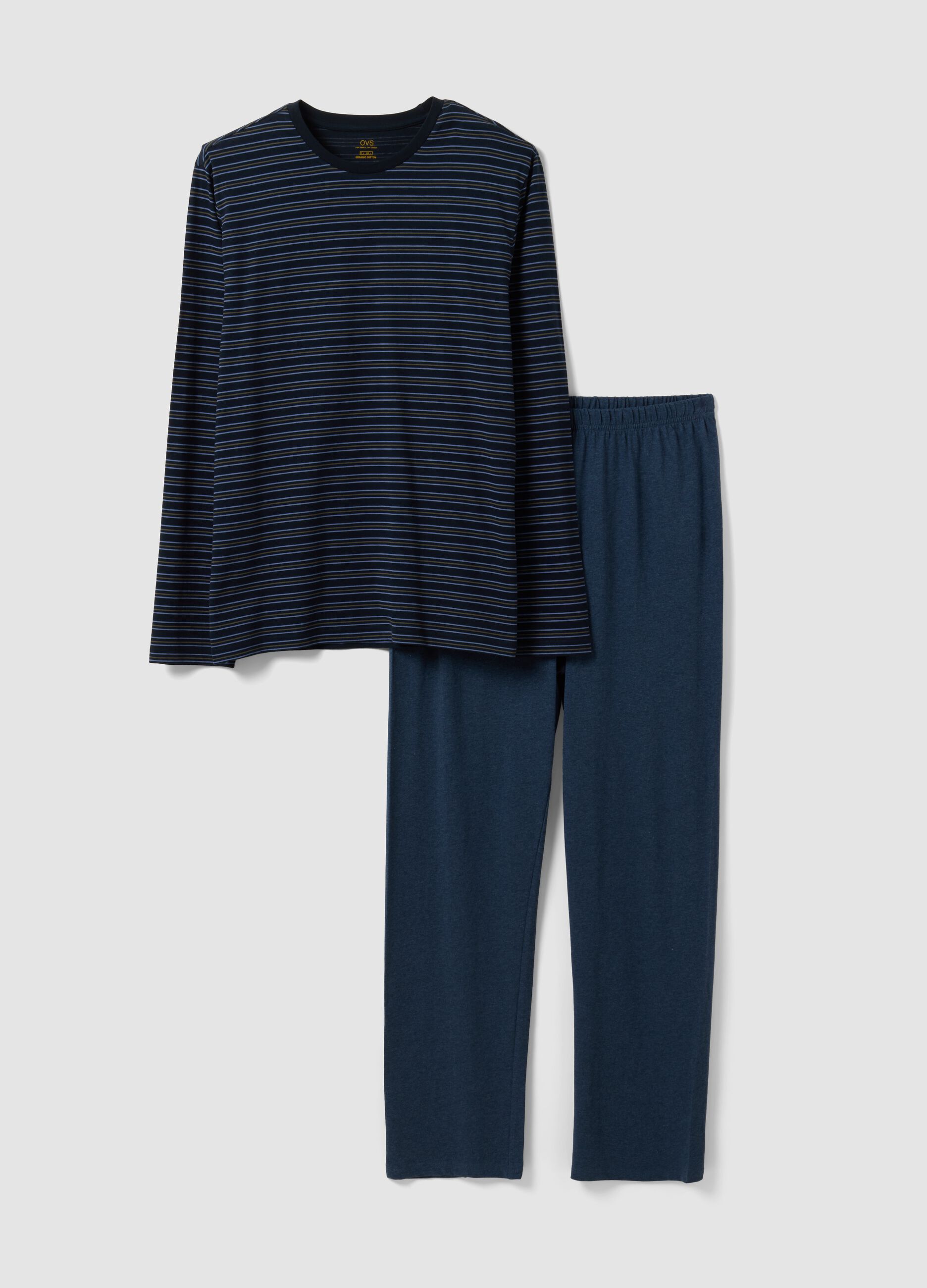 Navy blue striped pure organic cotton crew-neck pyjamas