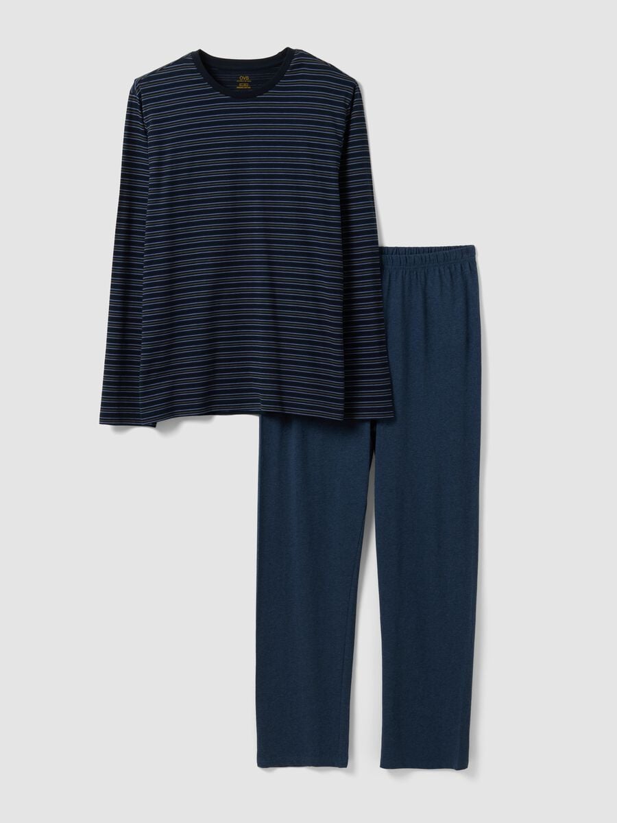 Navy blue striped pure organic cotton crew-neck pyjamas_0