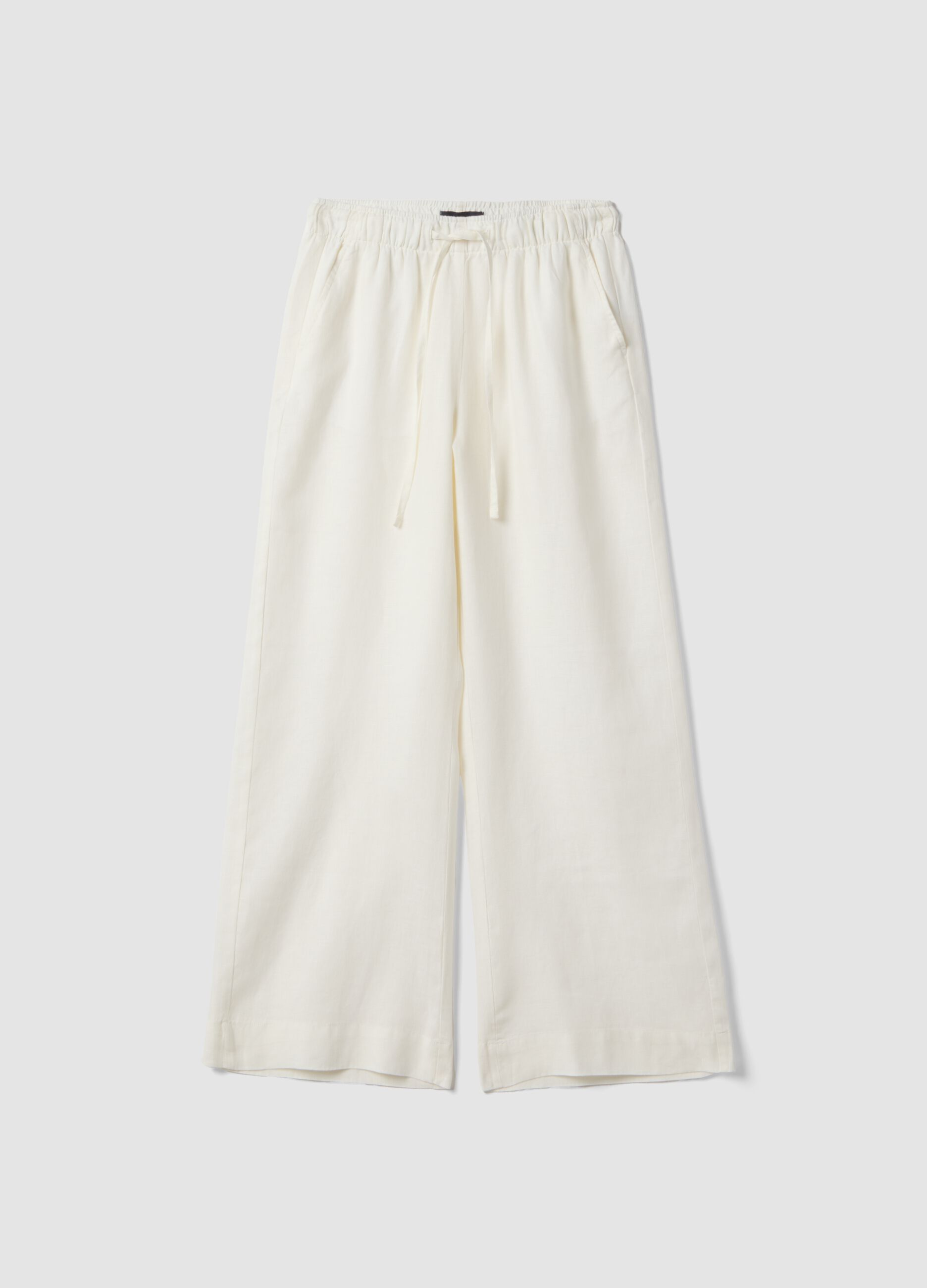 White pure linen straight-fit drawstring trousers