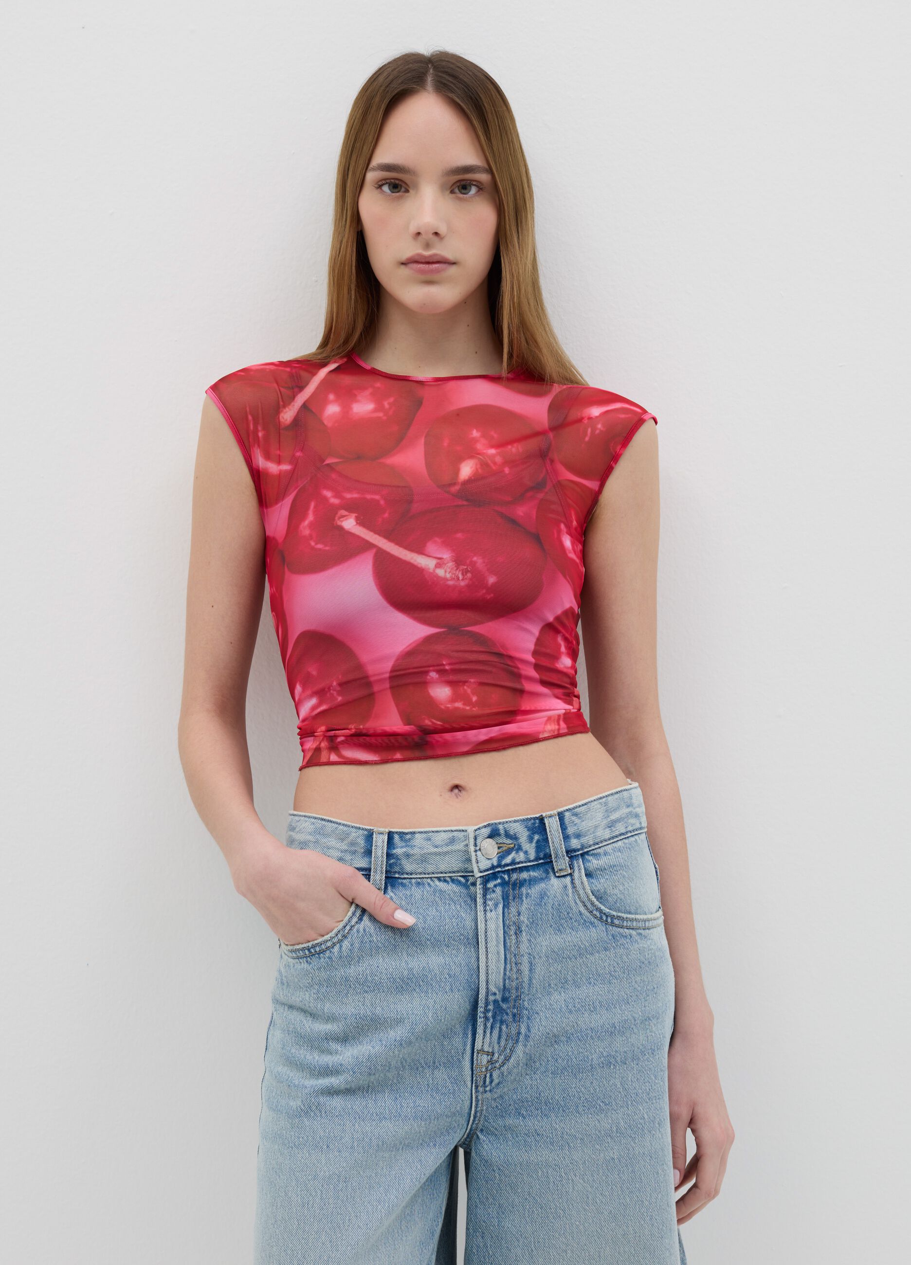 Red tank top in mesh with print