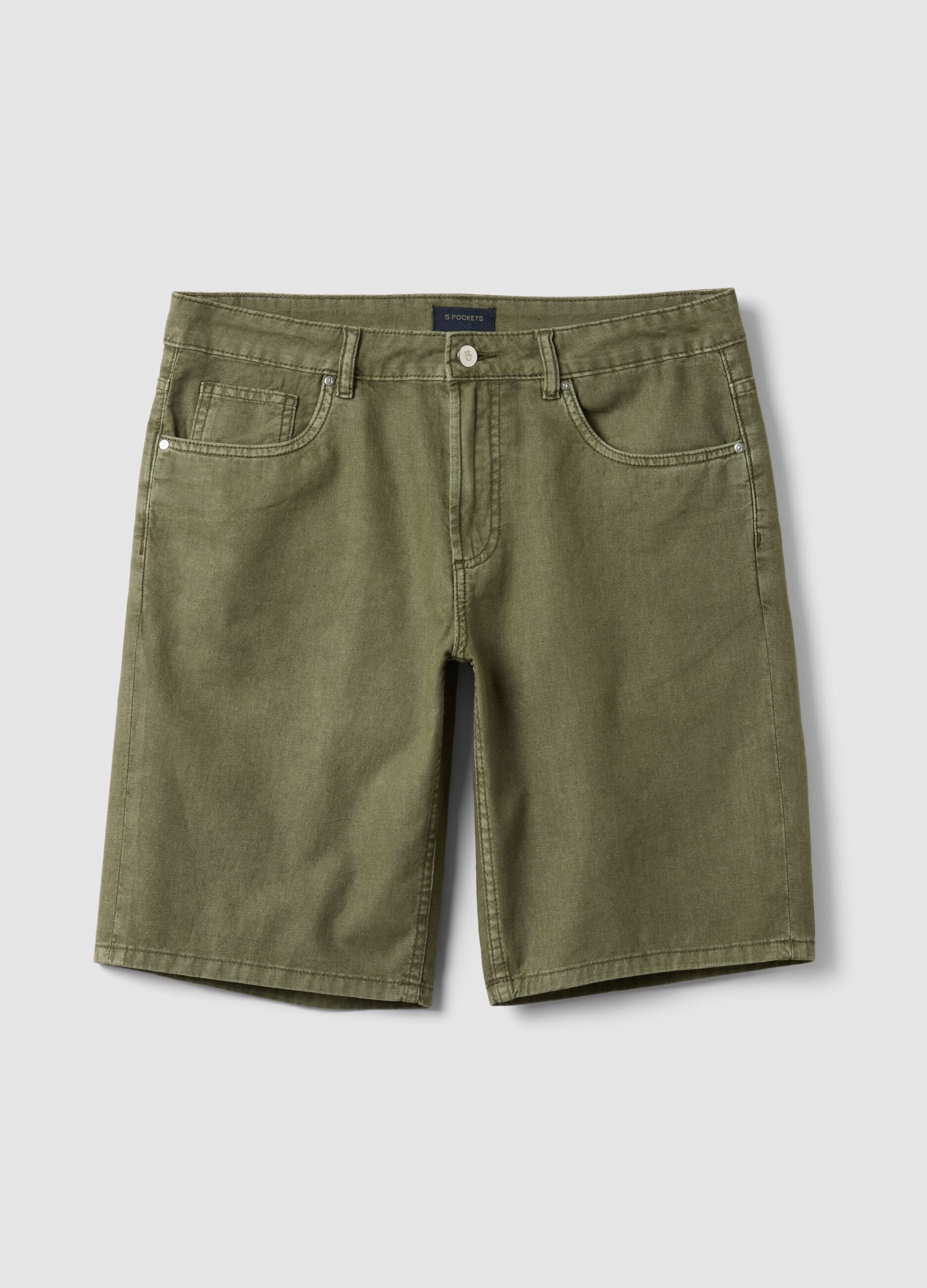 Green linen and cotton-blend five-pocket Bermuda shorts
