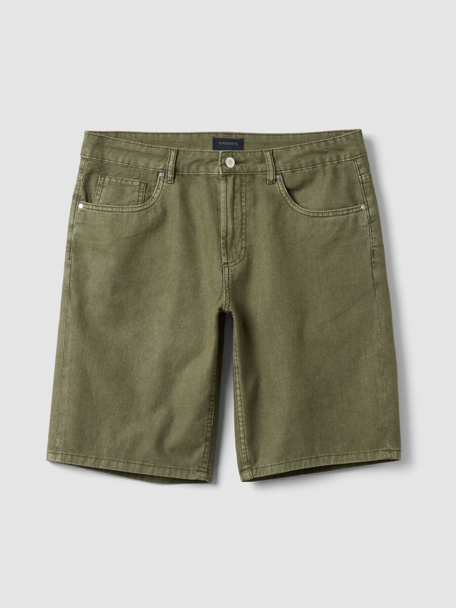 Green linen and cotton-blend five-pocket Bermuda shorts_5