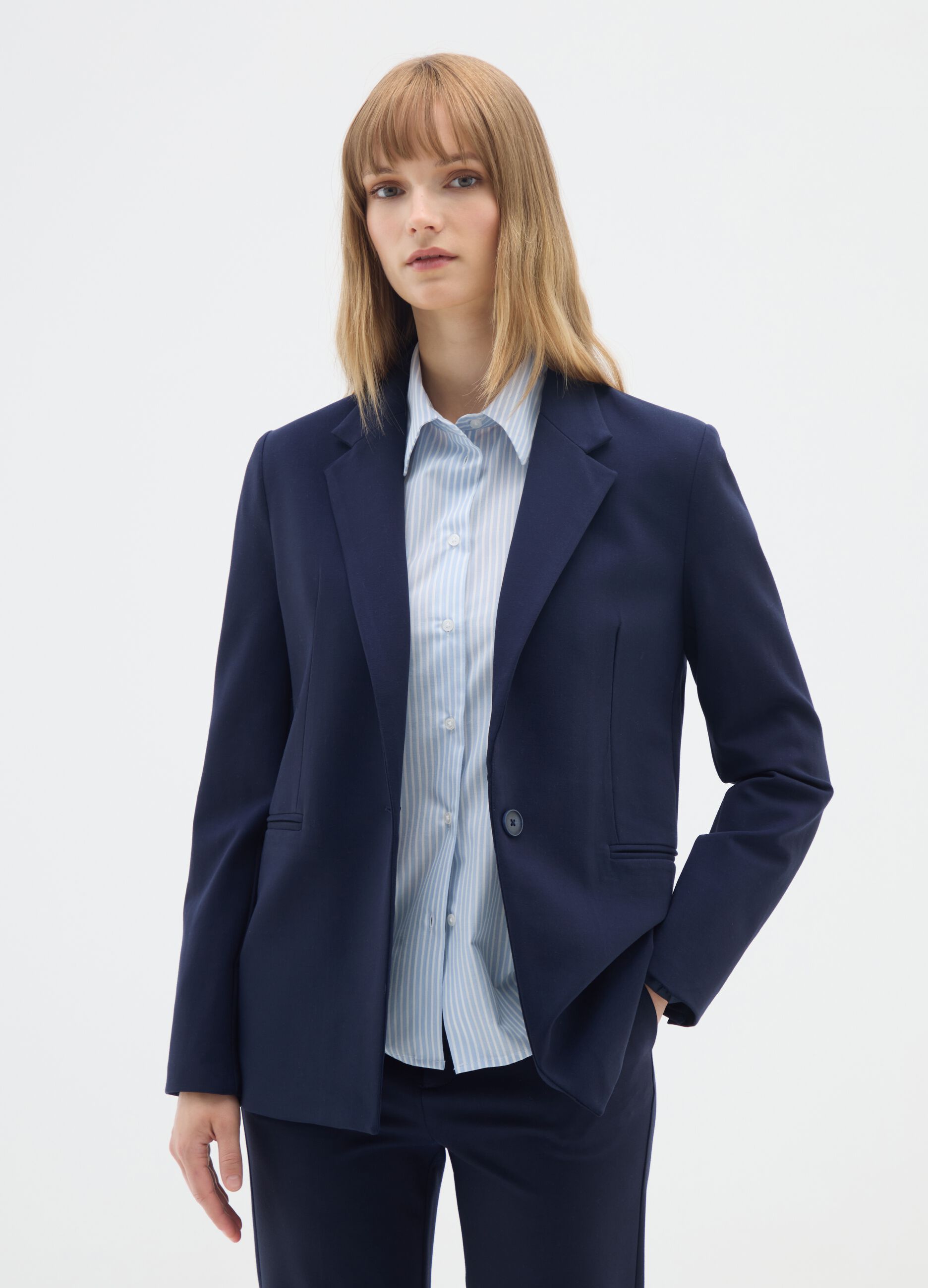 Blue Stretch Fabric Regular Fit Blazer