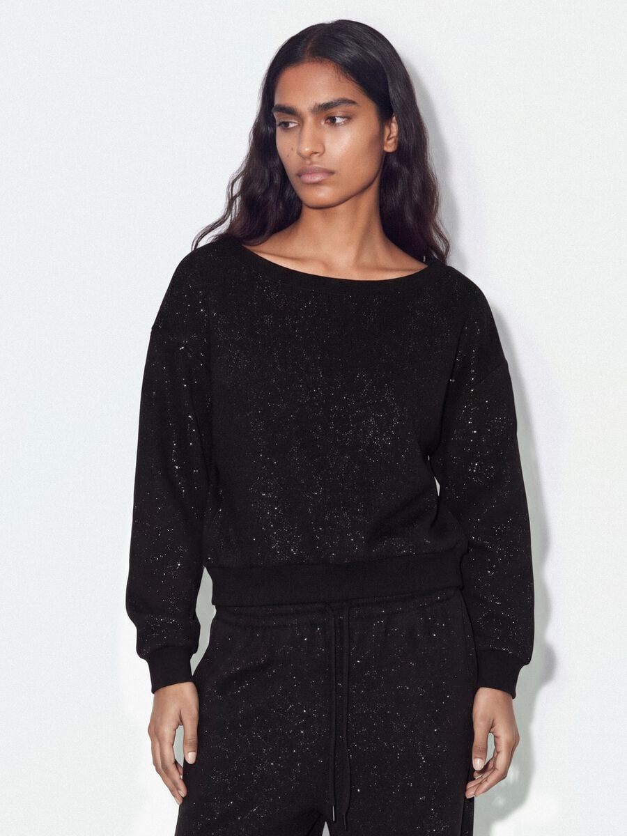 Black cotton-blend sweatshirt with bateau neckline and glitter_0