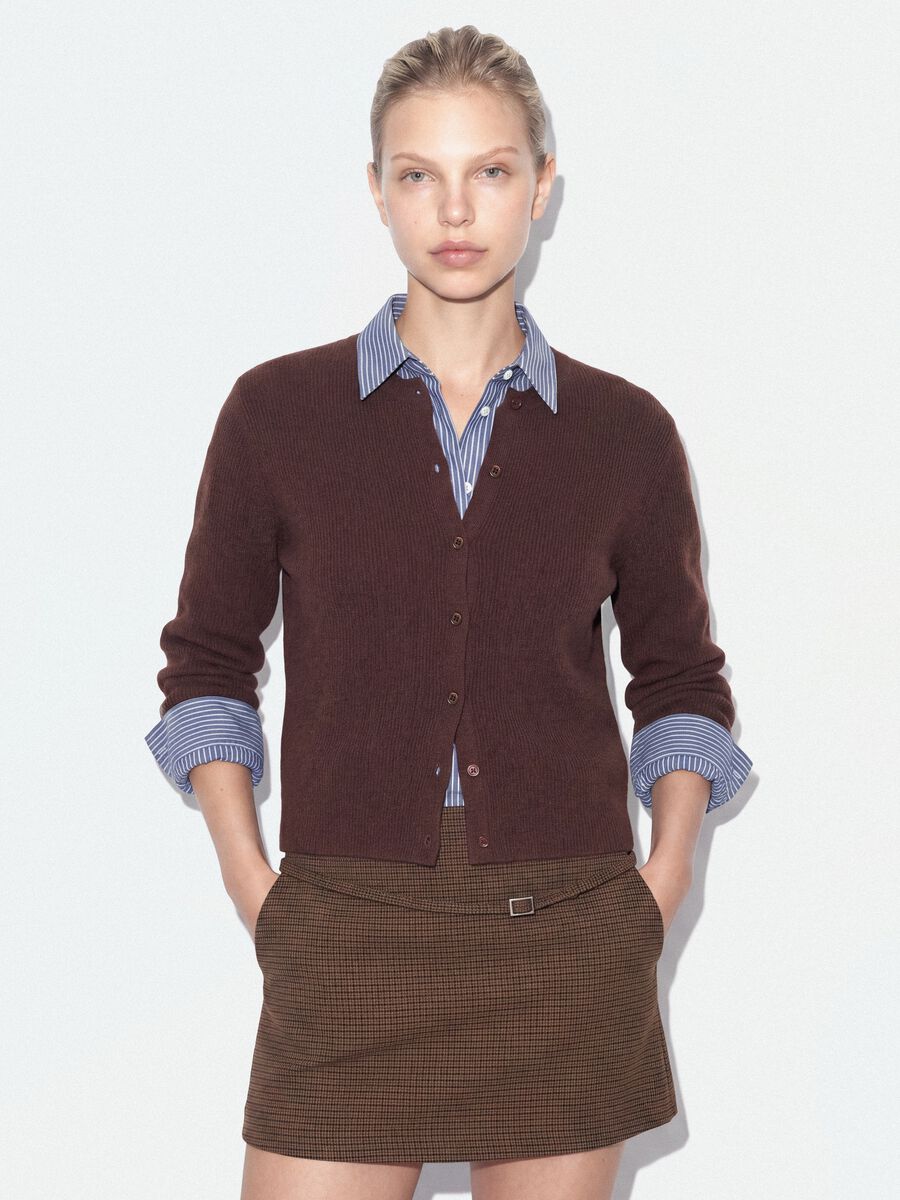 Cardigan marrone girocollo in misto lyocell e lana over fit_0