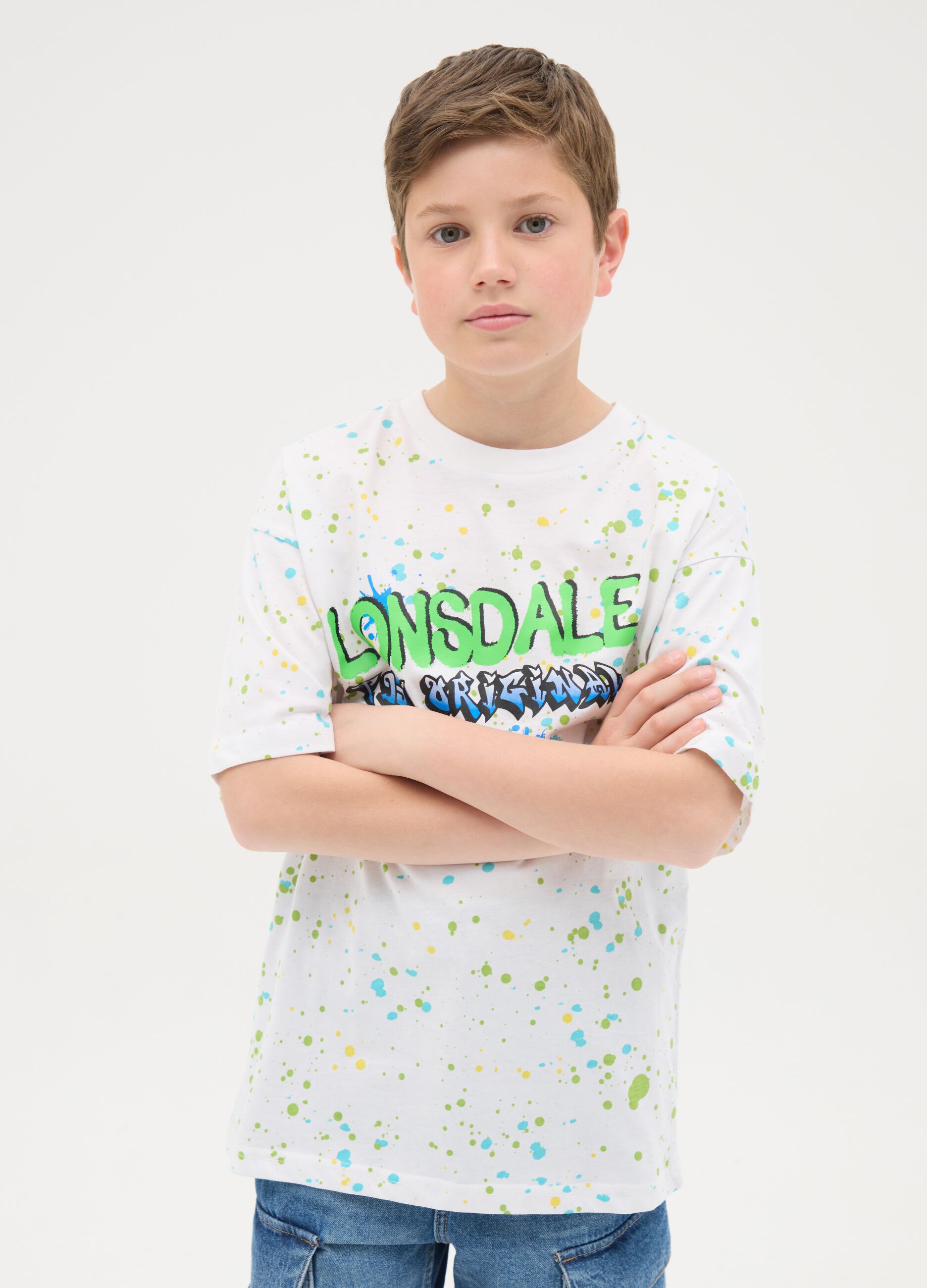 Cotton T-shirt with logo and paint splashes print