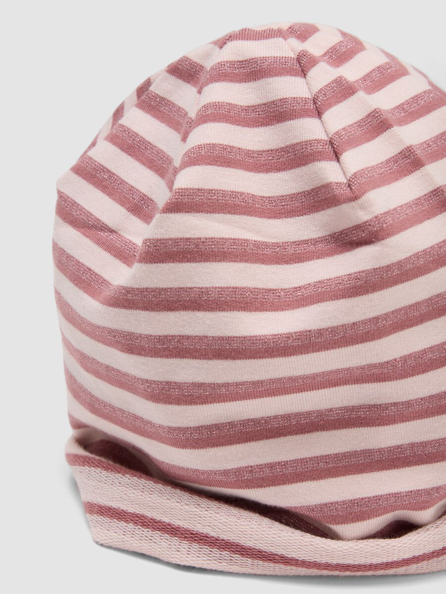 Cappello rosa a righe in cotone organico elasticizzato per bimba_2