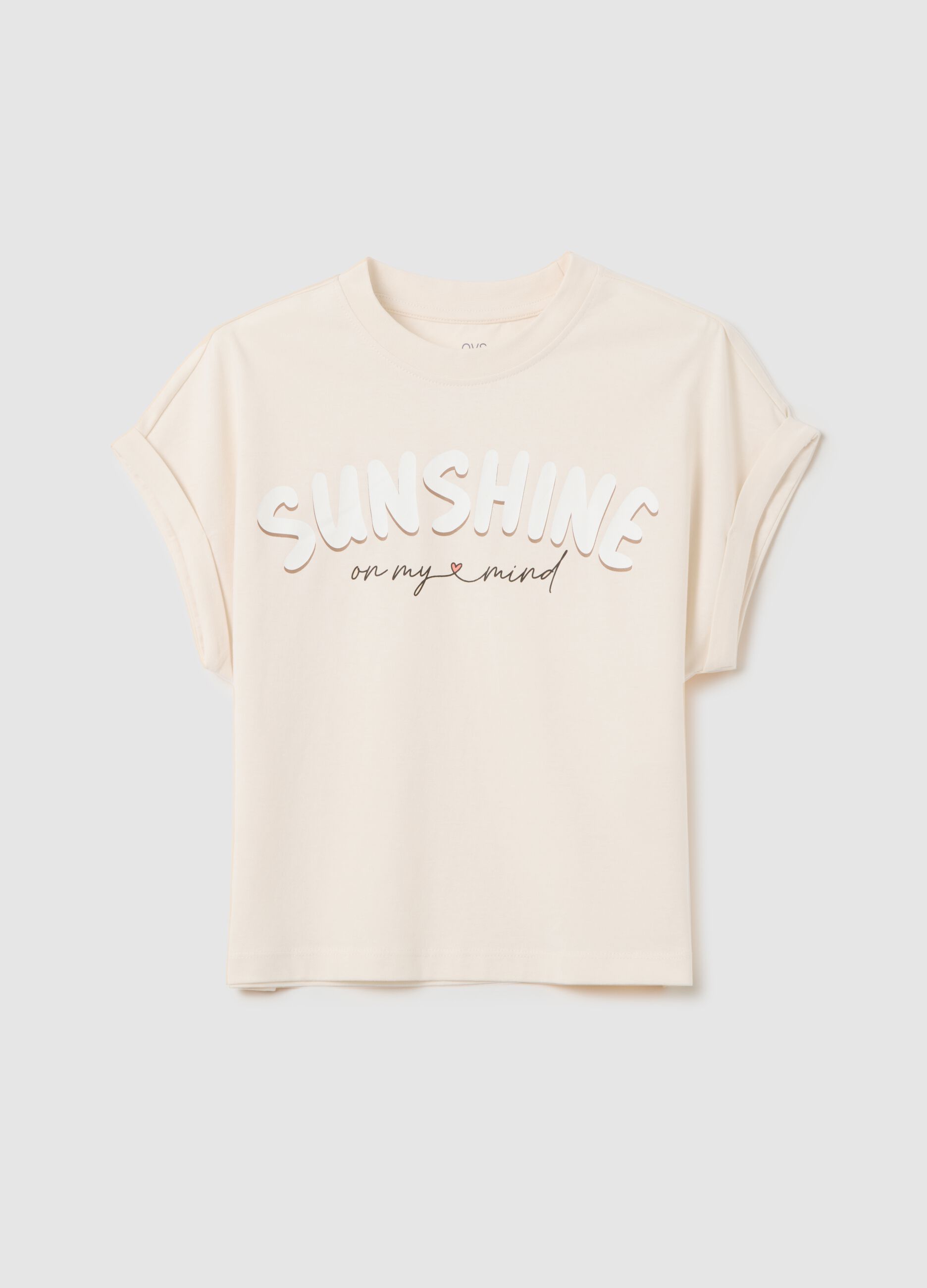 Girls' T-shirt in pure cotton beige boxy fit