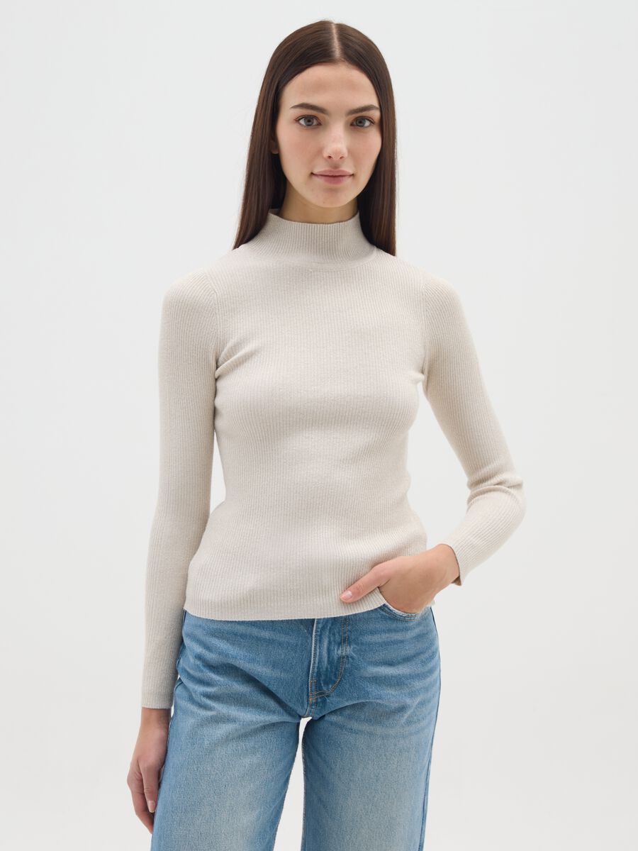 Beige Roll Neck Sweater with Fitted Fit_0