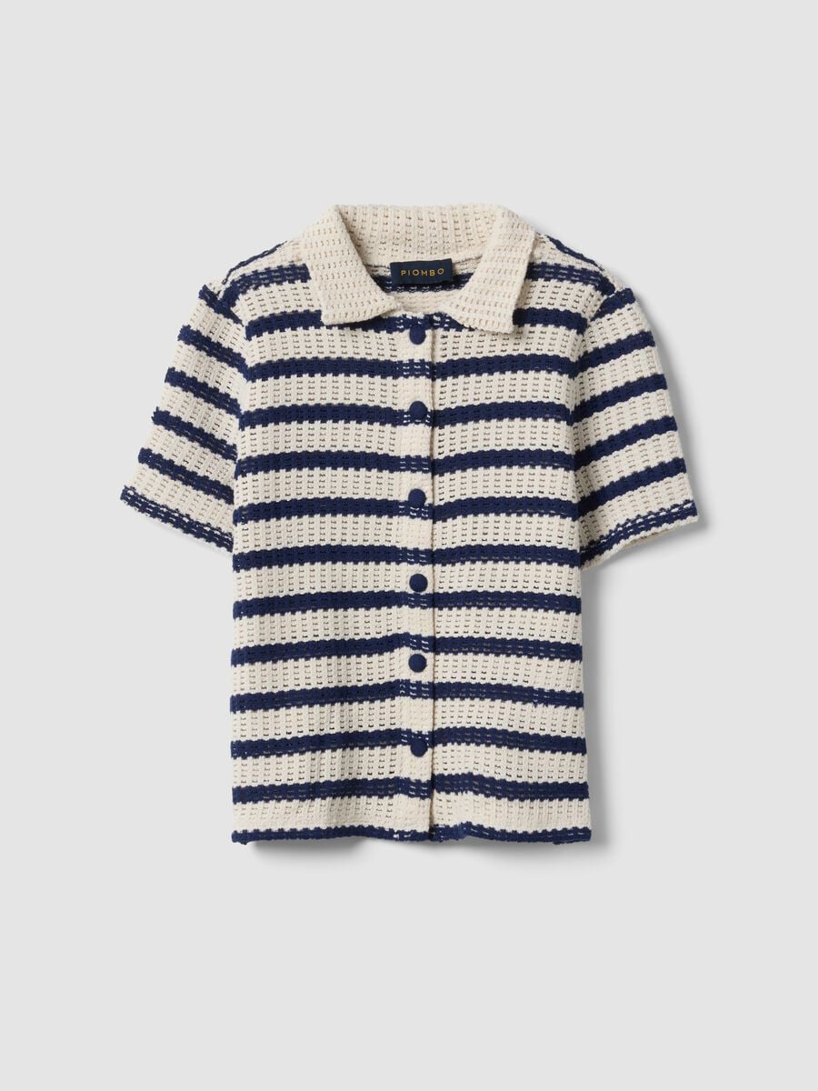 Polo a righe bianche e blu in crochet di cotone elasticizzato_4