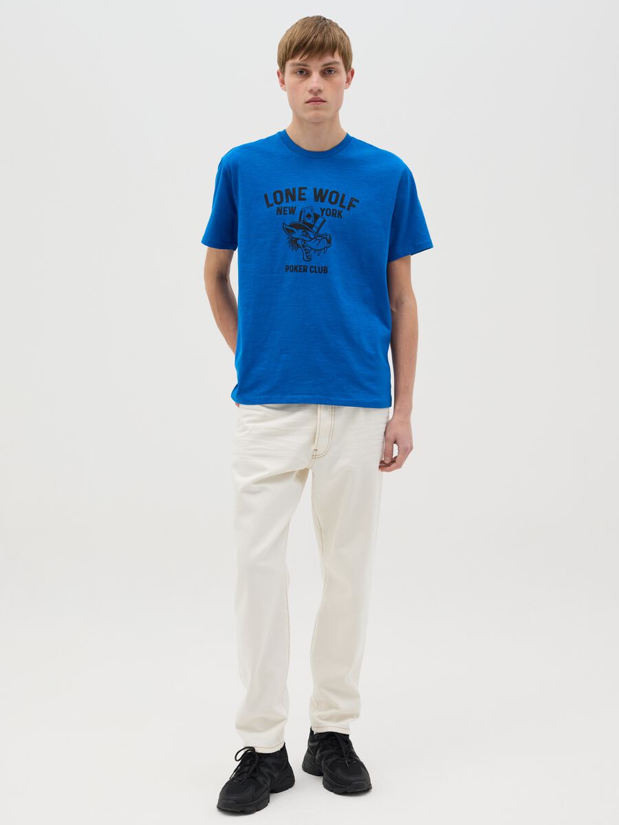 Cotton T-shirt with poker motif wolf print_1