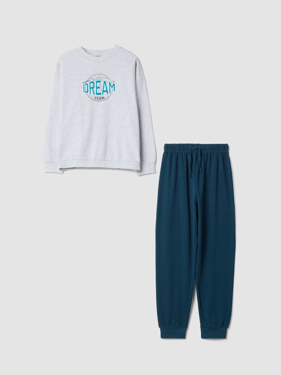 Grey and green organic cotton and viscose blend crew-neck pyjamas_0