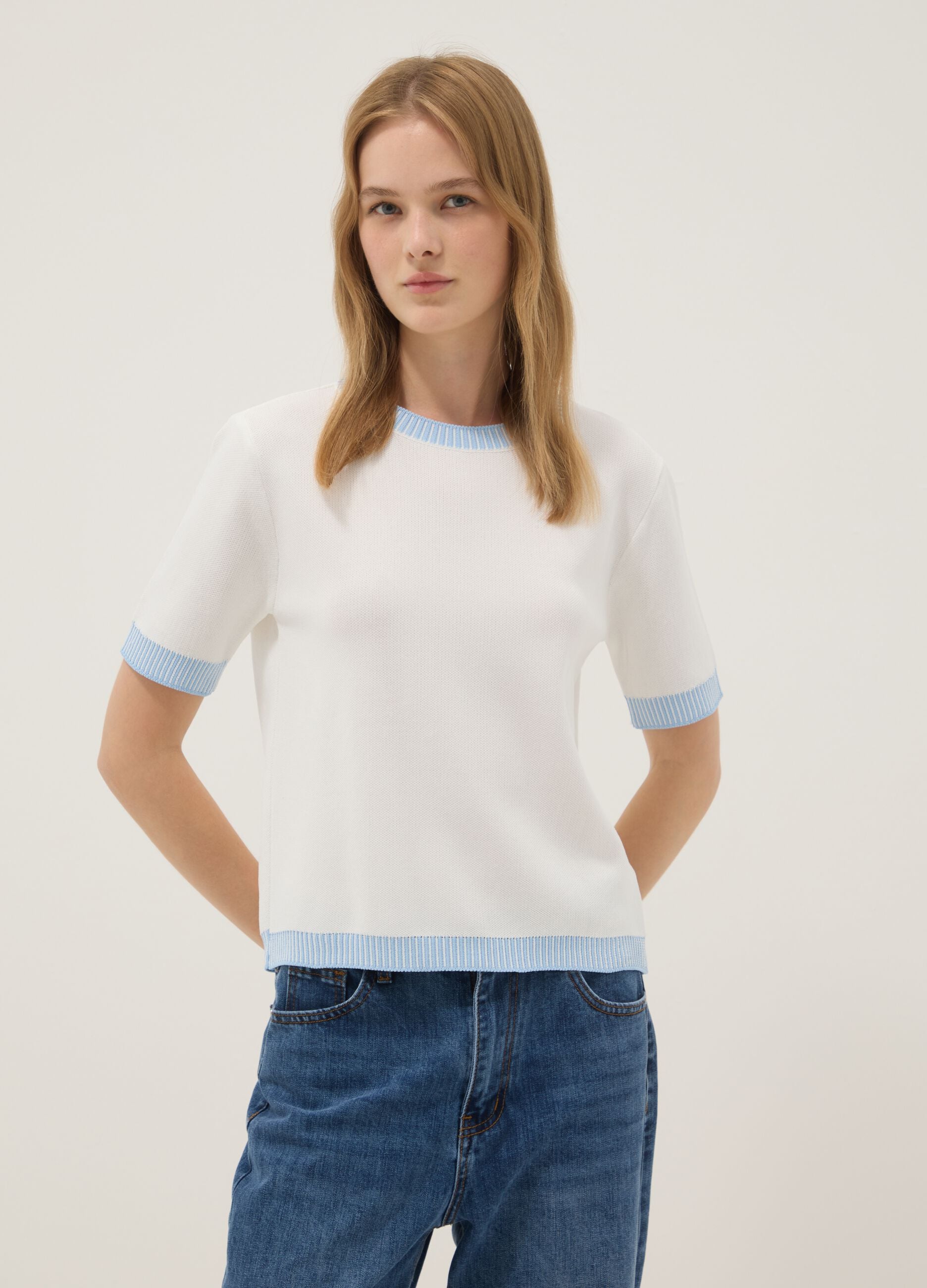 White viscose-blend T-shirt with light-blue trims