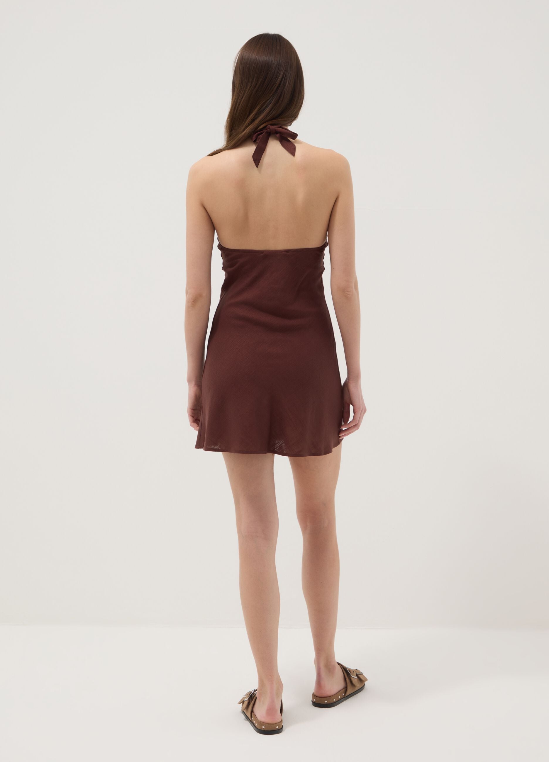 Brown viscose-linen blend mini dress, regular fit