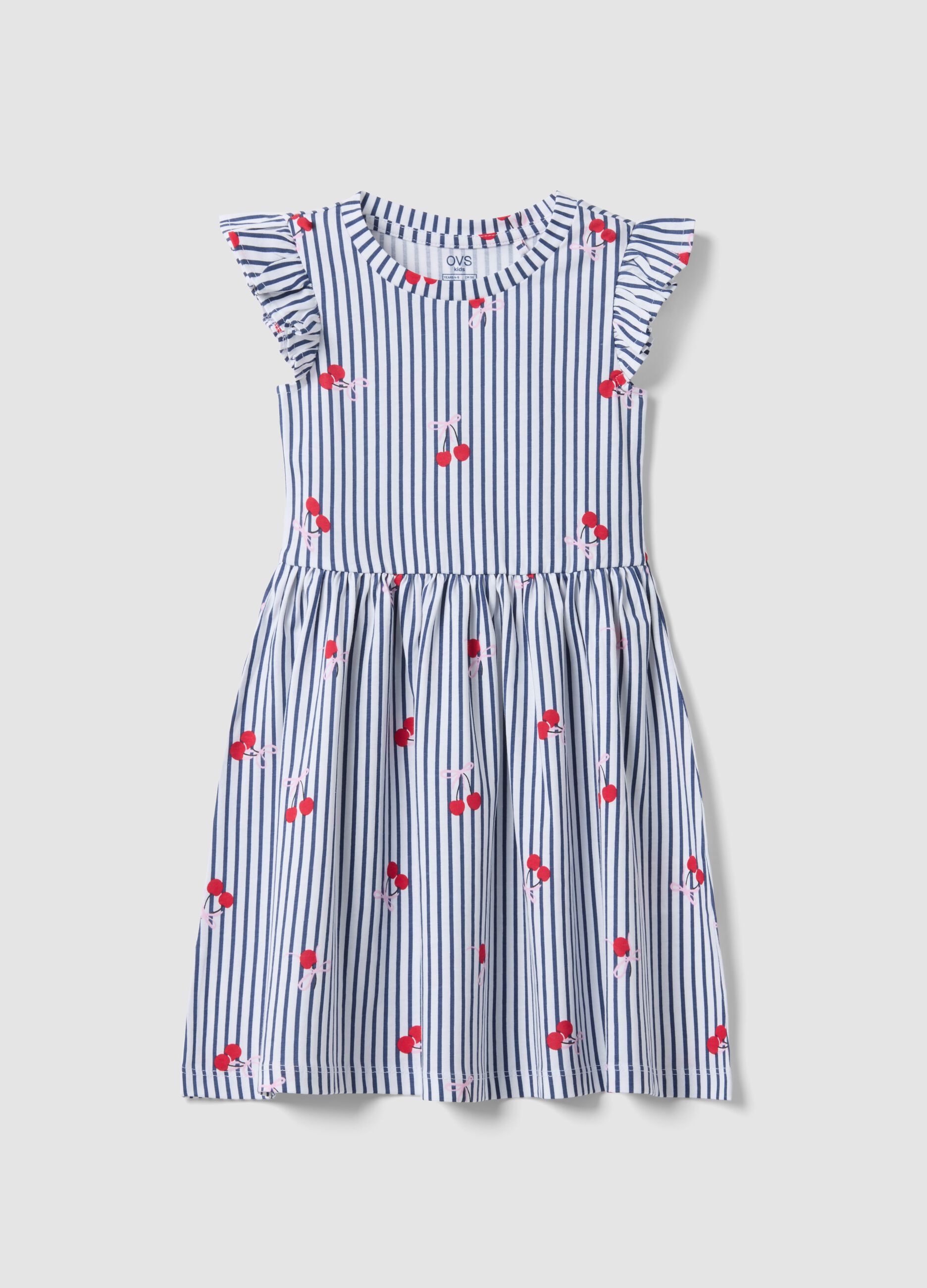 Pure cotton striped blue dress with frills and prints for girls