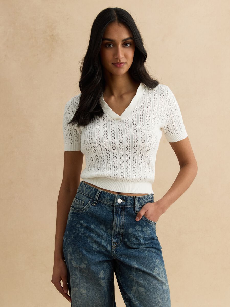 White cotton blend regular fit sweater with polo collar_1