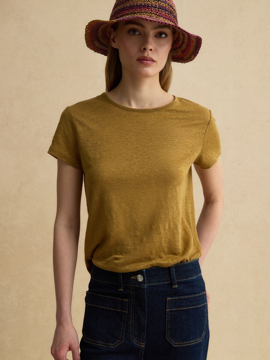 Green pure linen short-sleeve T-shirt, regular fit_0