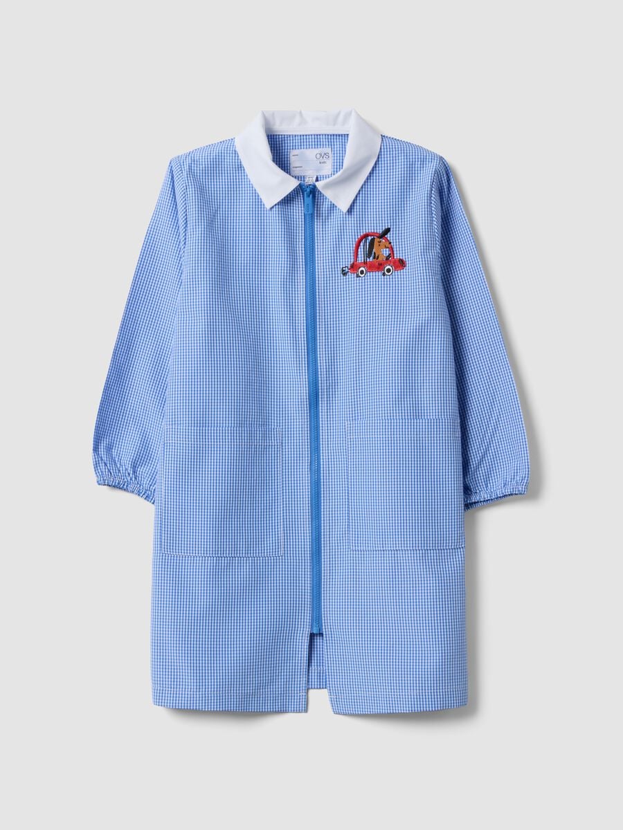 Light blue gingham nursery apron with zip and machine embroidery_0