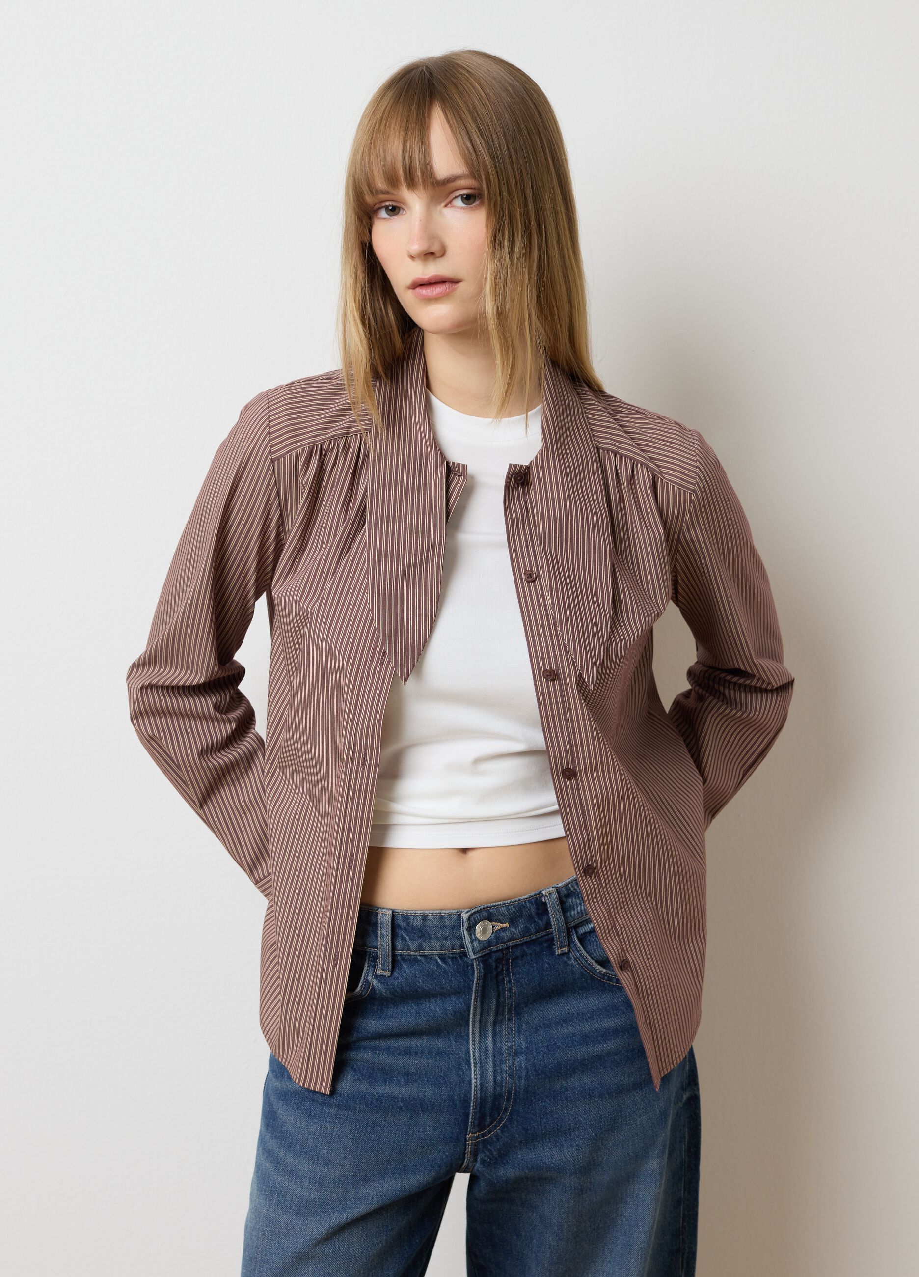 Brown striped cotton-blend shirt with oversized fit