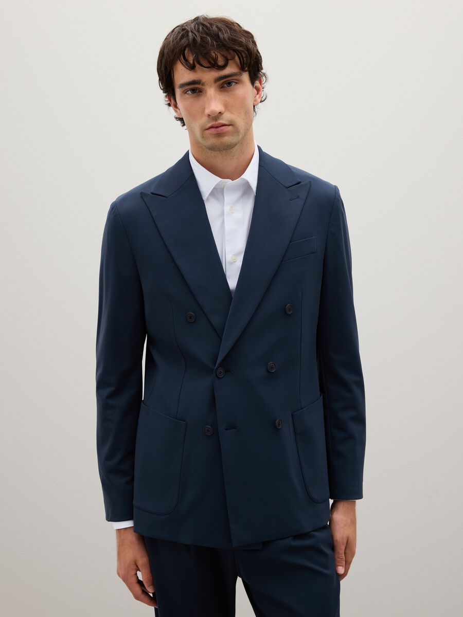 Blue Stretch Fabric Slim Fit Blazer_0