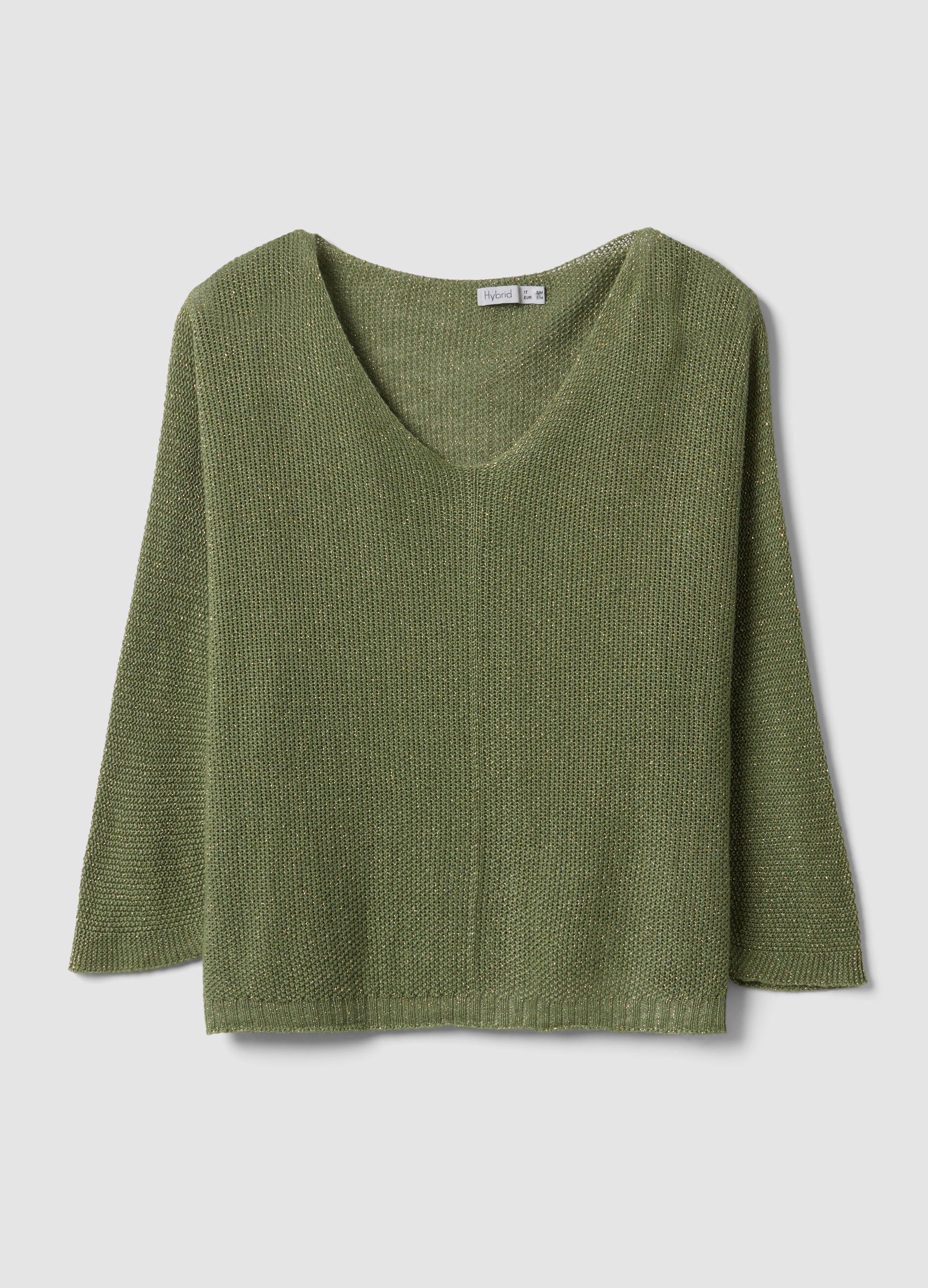 Green V-neck top in viscose and linen blend
