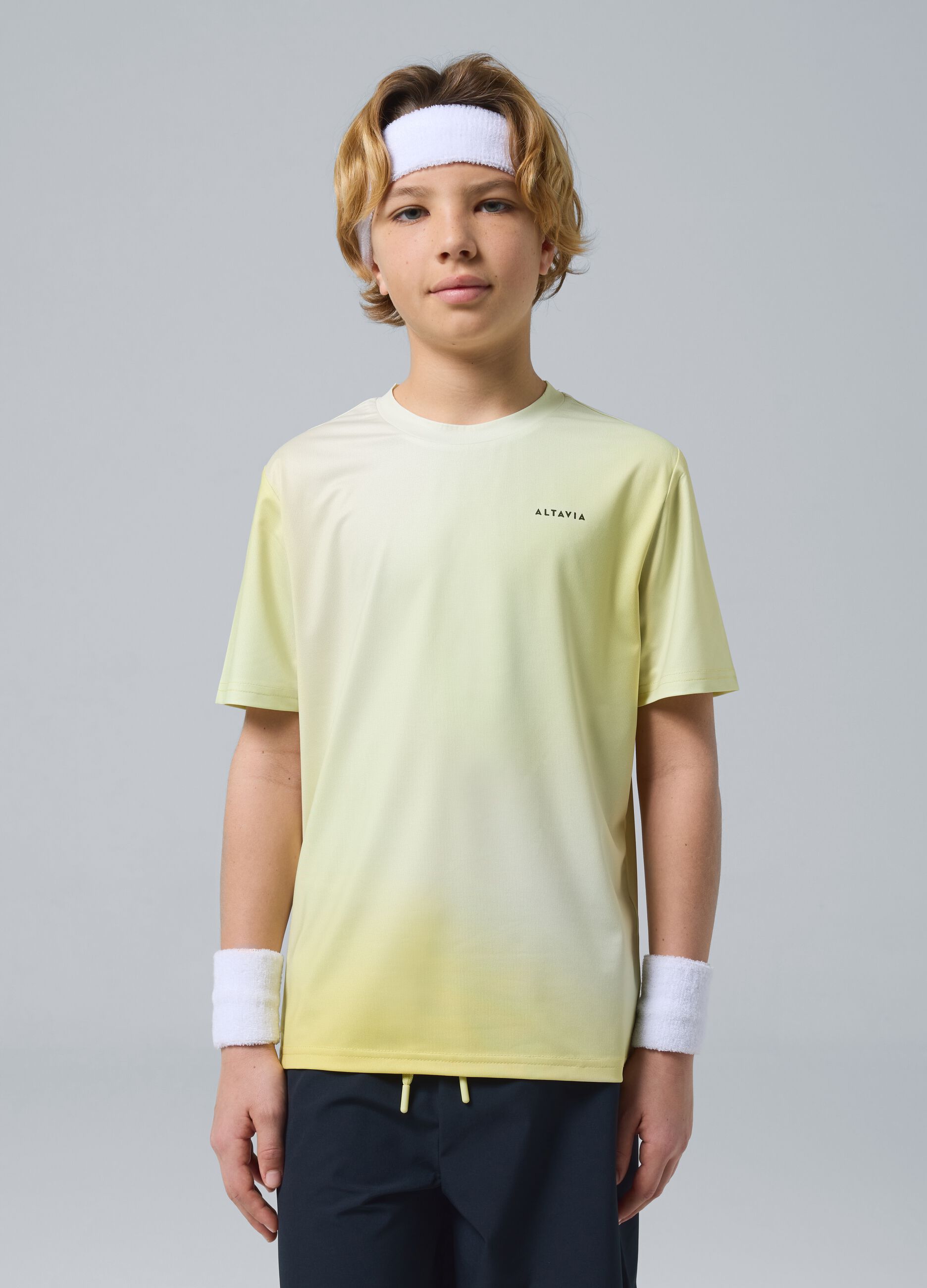 T-shirt sportiva gialla in tessuto tecnico elasticizzato con effetto tie-dye per bambino ALTAVIA COURT