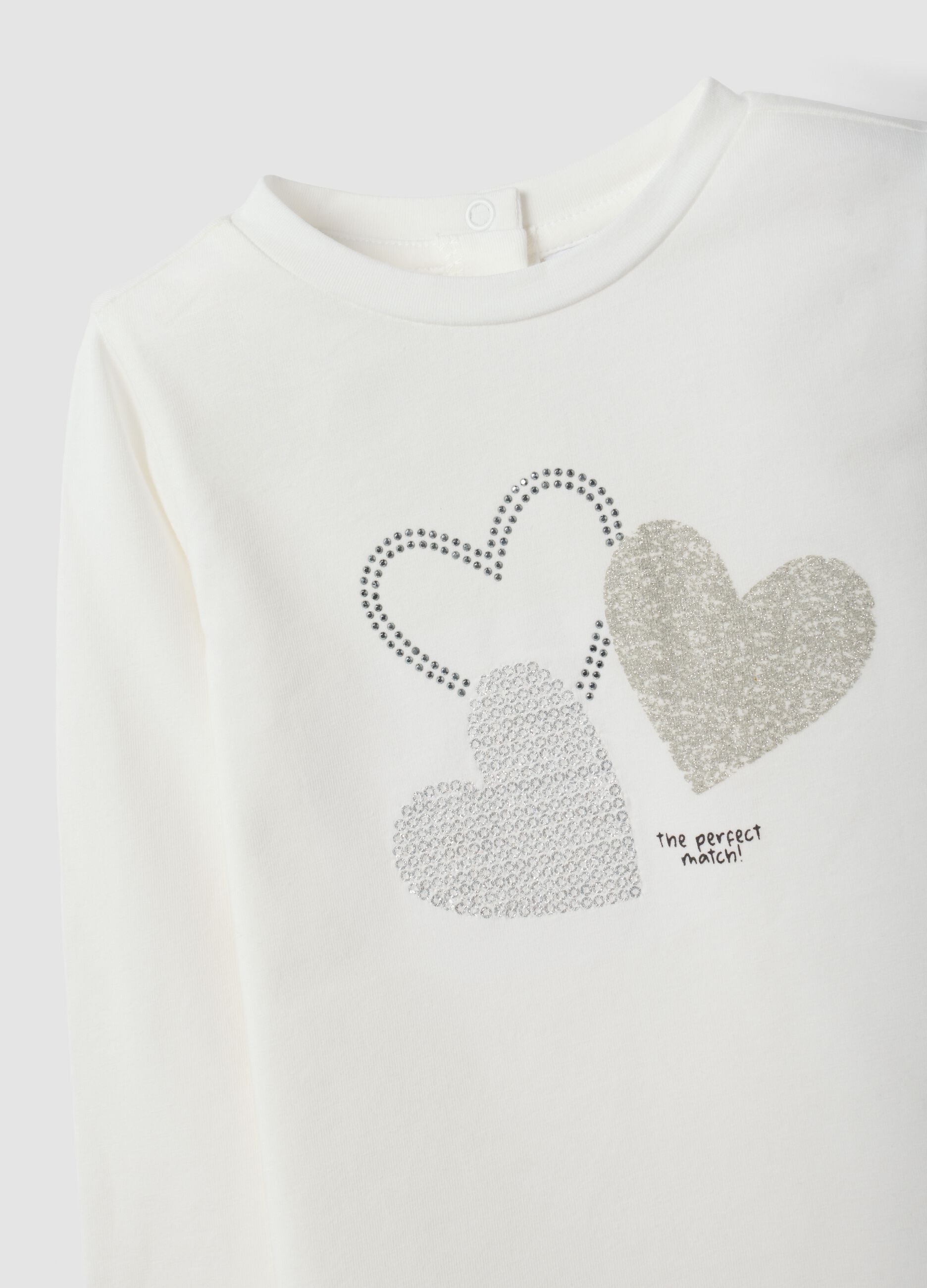 White organic stretch-cotton T-shirt with heart print for baby girl